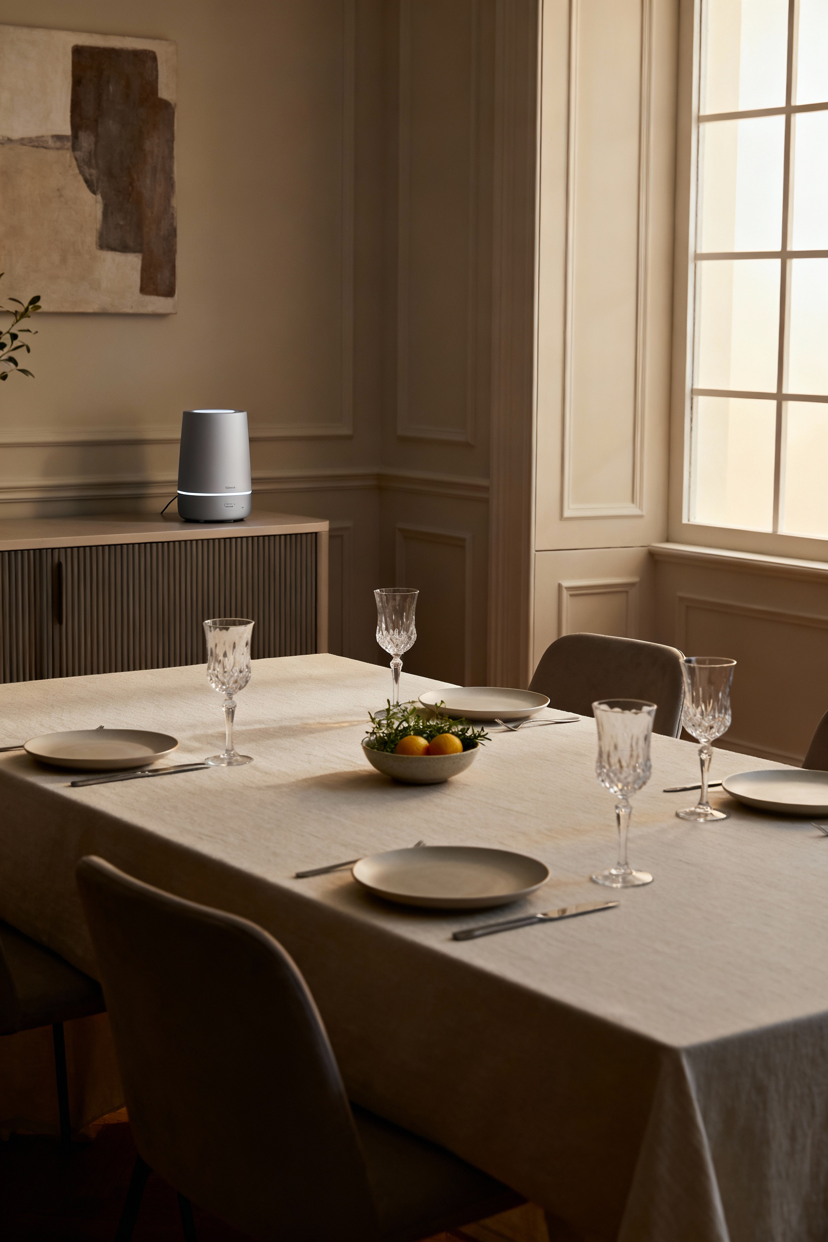 Elegant dining room interior with a long set table, soft ambient lighting, and subtle design elements implying a curated scent. The room is sophisticated and inviting, designed for olfactory engagement and creating lasting memories.