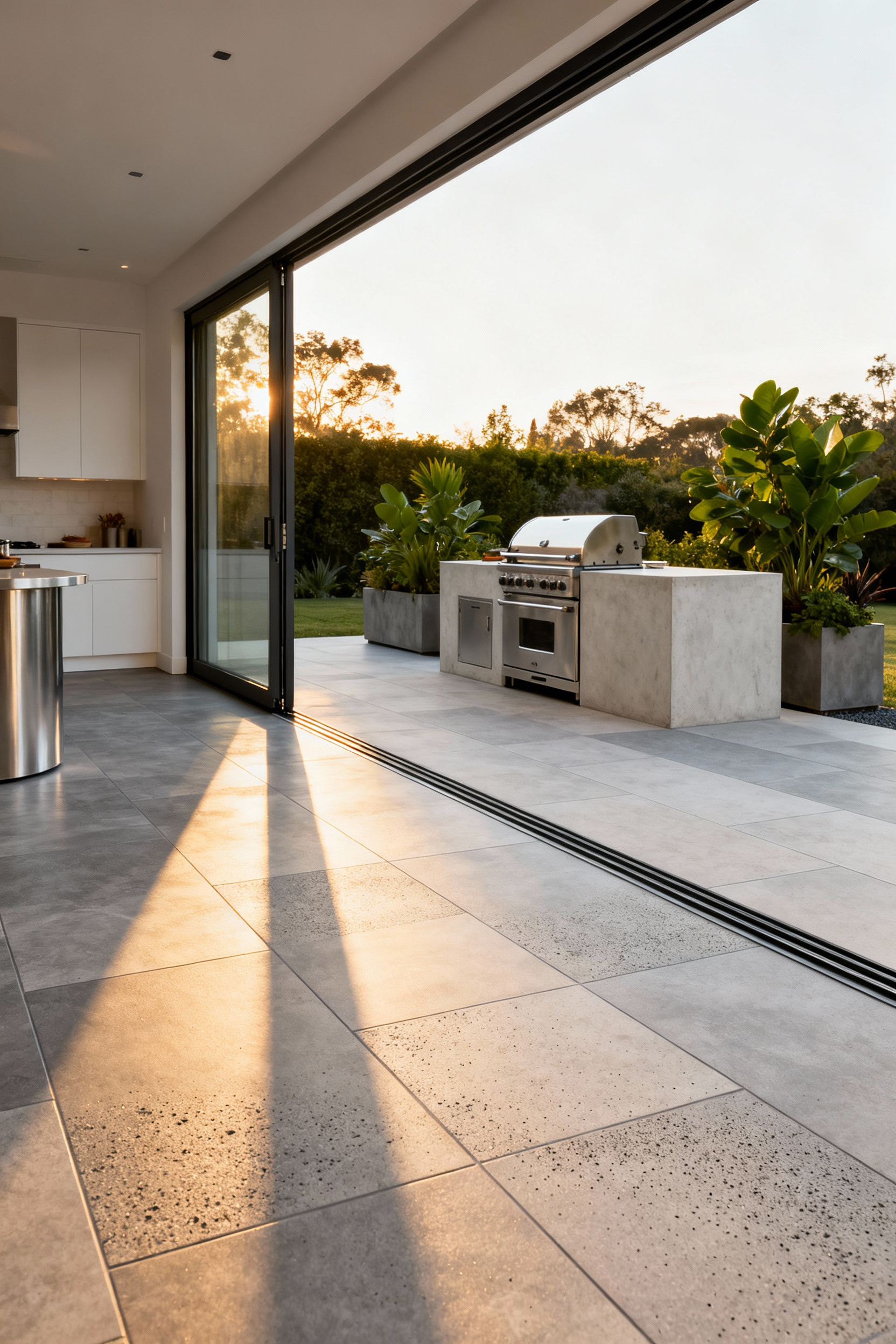 A modern outdoor kitchen patio seamlessly connects to an indoor kitchen via level dual-rated large format porcelain tile flooring, showing the smooth indoor texture transitioning to the textured outdoor surface.