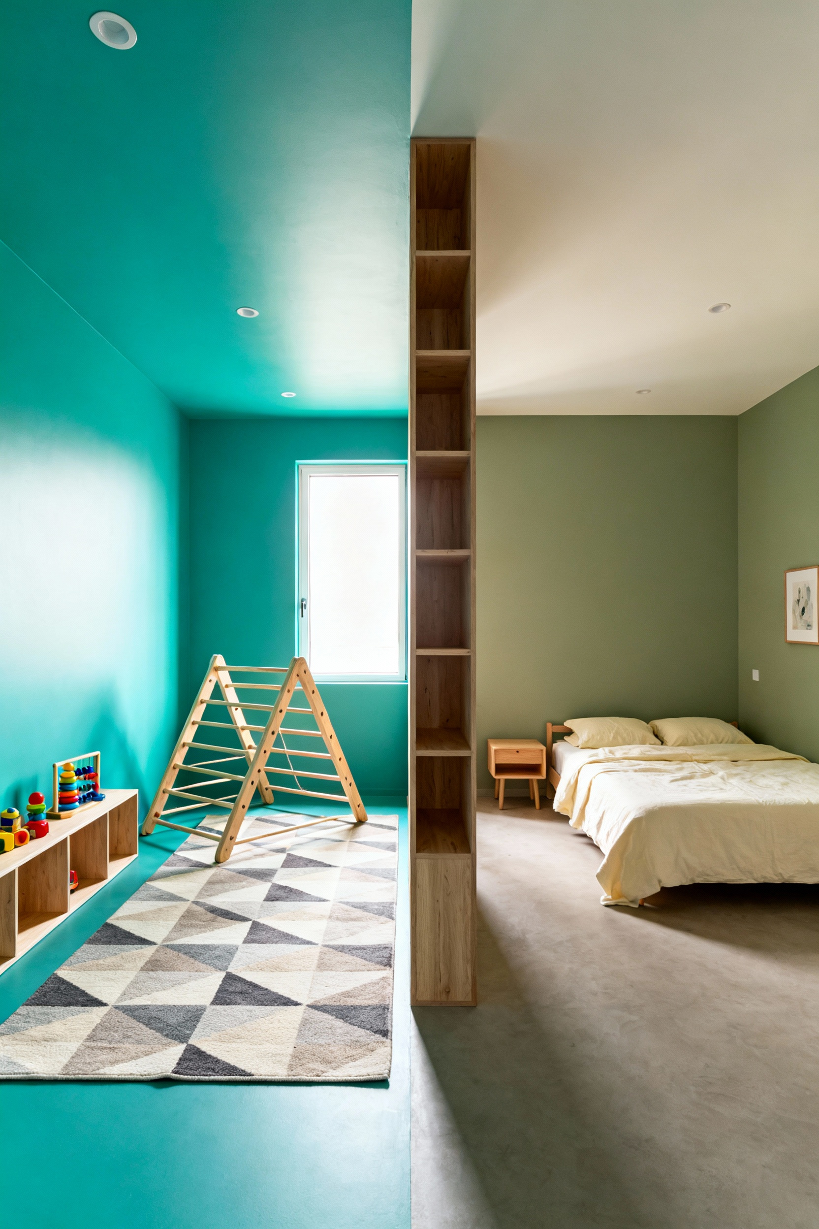 A modern children's bedroom design featuring clear sensory zoning, separating a bright activity area with climbing furniture and colorful toys from a calm sleeping area with a simple bed and muted sage walls.