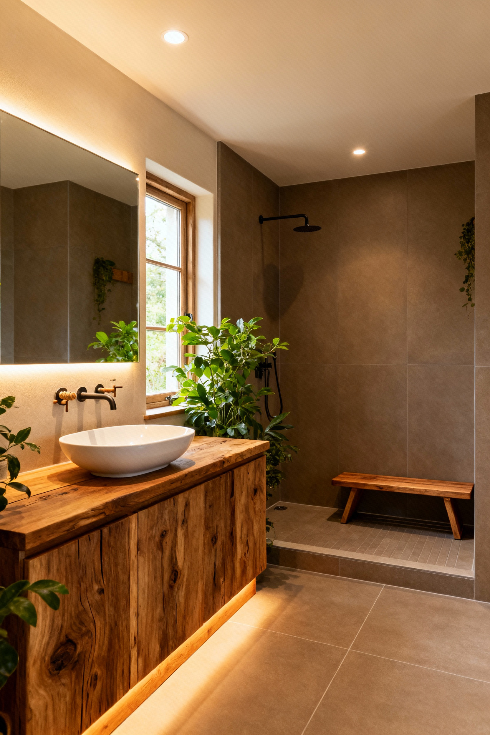A serene and accessible farmhouse bathroom featuring a natural wood vanity, curbless shower, lush green plants, and layered soft lighting, designed for sensory harmony and creating a restorative personal retreat. No people are present.