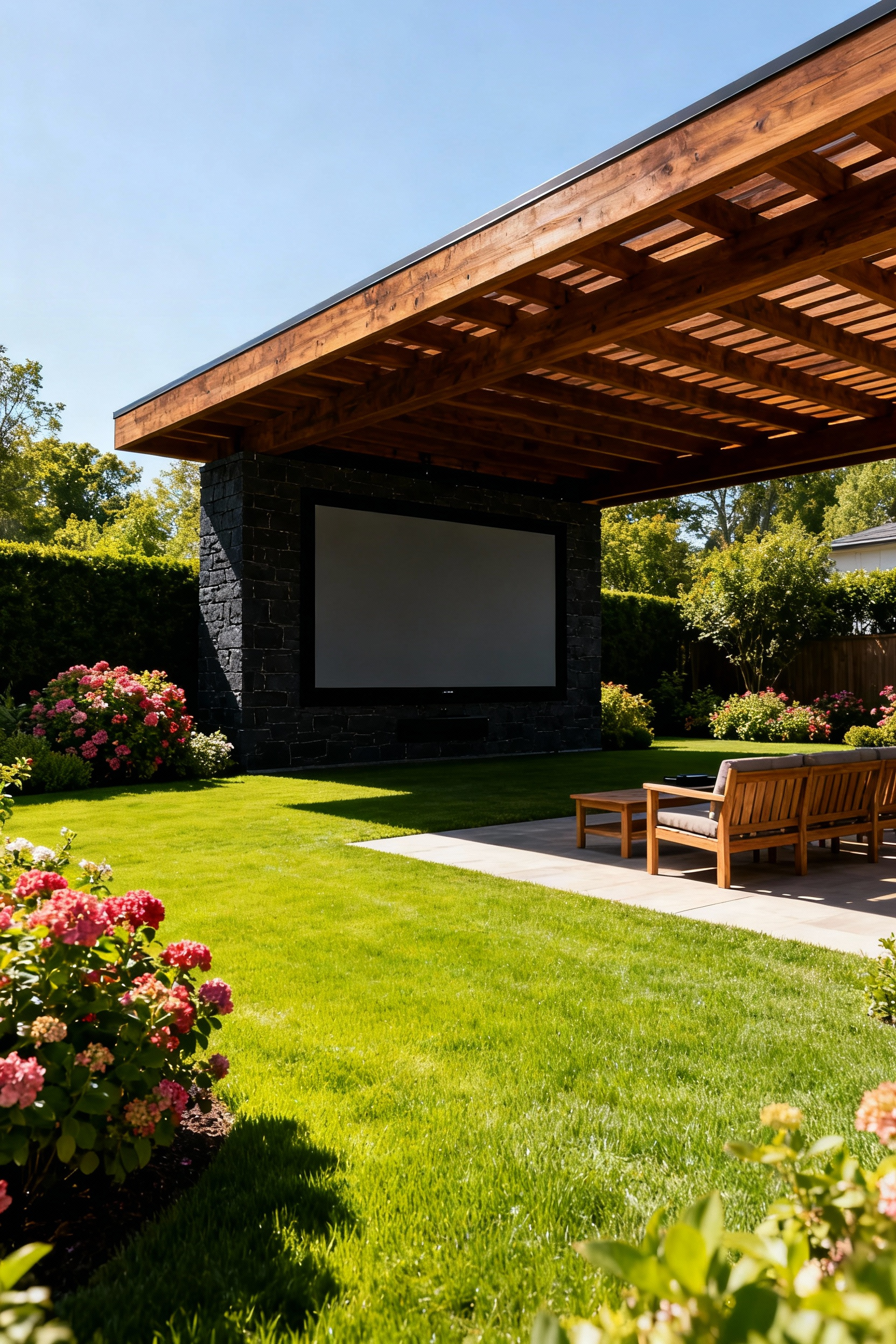 A large outdoor television screen mounted within a deeply shaded cedar pergola, positioned to avoid glare from the bright surrounding sunlit lawn and garden.