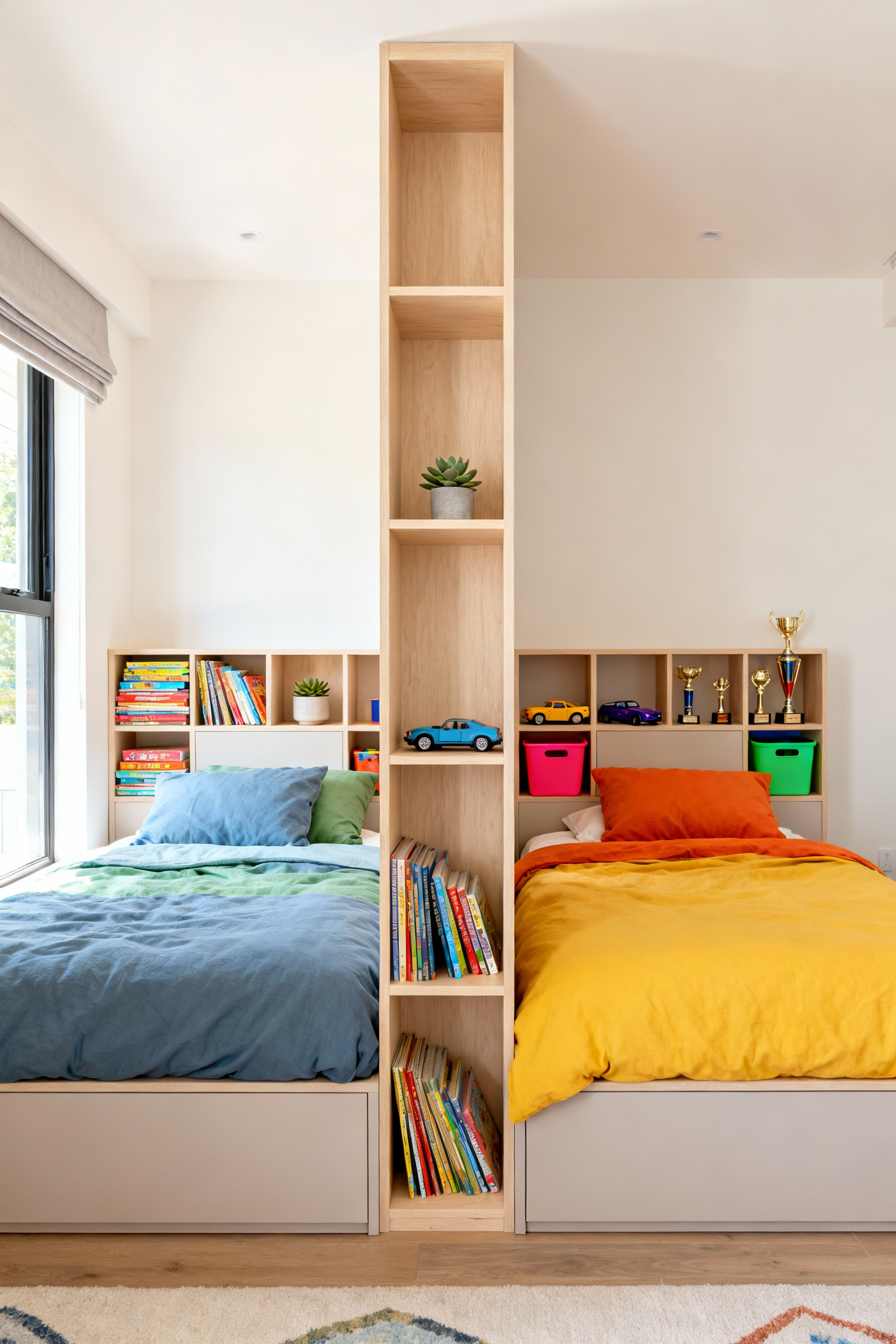 A shared children's bedroom divided by a tall, perpendicular, open-backed storage shelf, creating distinct private spaces and maximizing storage.