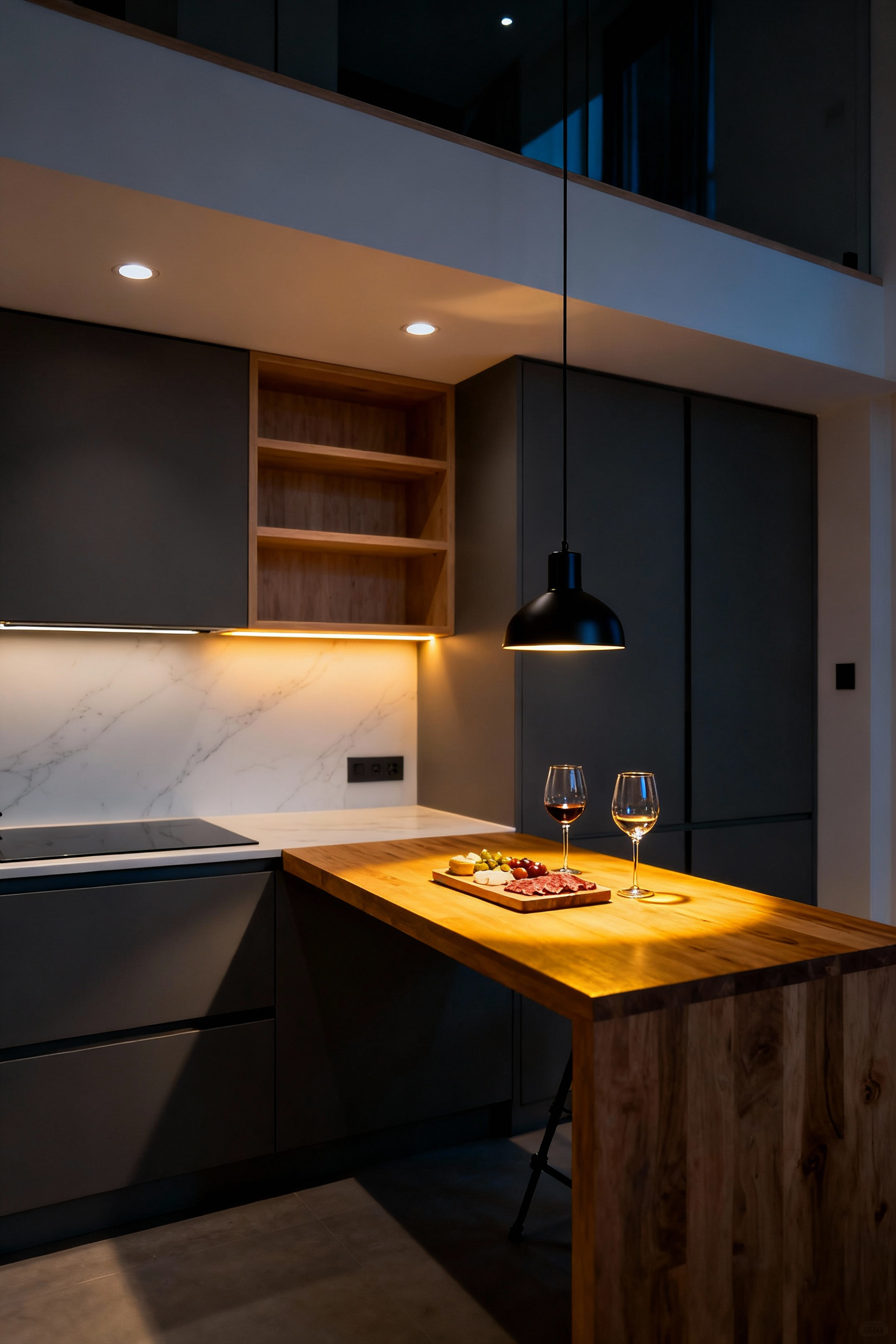 A small modern kitchen showcasing the effectiveness of dimmer systems, transitioning the space into an intimate evening lounge with soft golden lighting and a wine setup on the counter.
