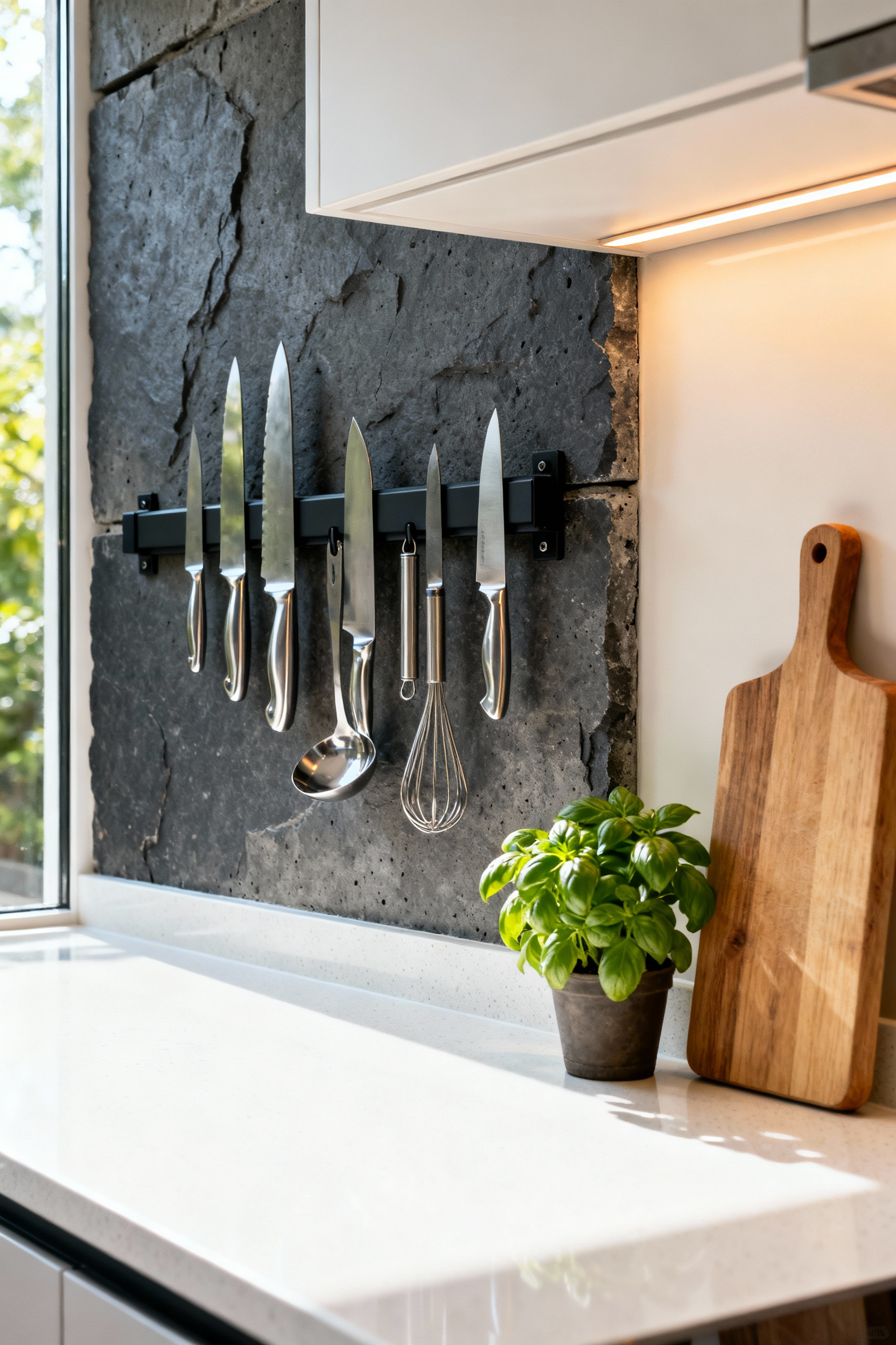 A modern small kitchen utilizes industrial magnetic strips mounted on a concrete wall to vertically display stainless steel knives, transforming tool storage into decorative, space-saving culinary art.