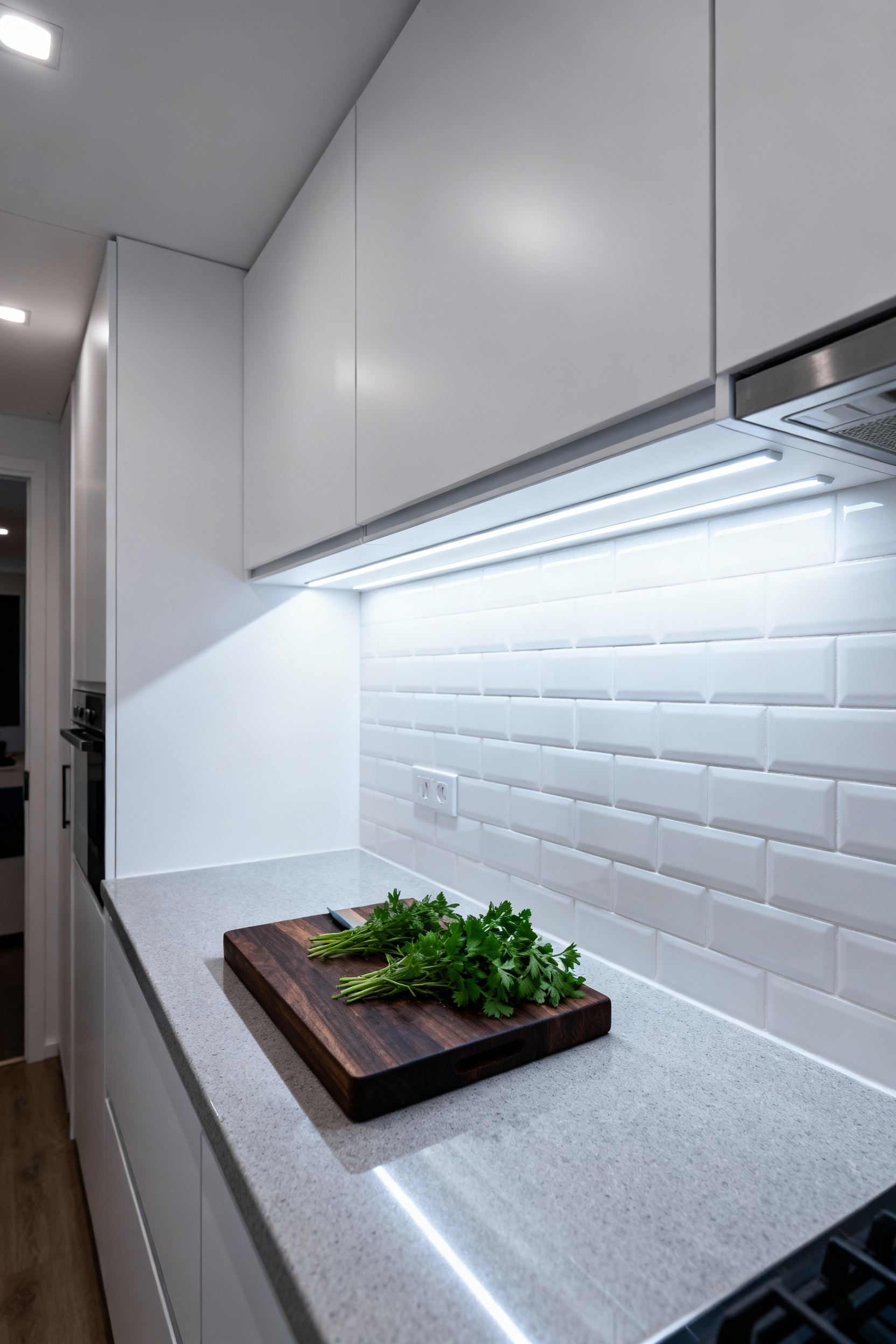 A compact modern small kitchen maximizing space with flush white cabinetry and light countertops, brilliantly illuminated by functional, shadow-eliminating under-cabinet LED strip lighting.