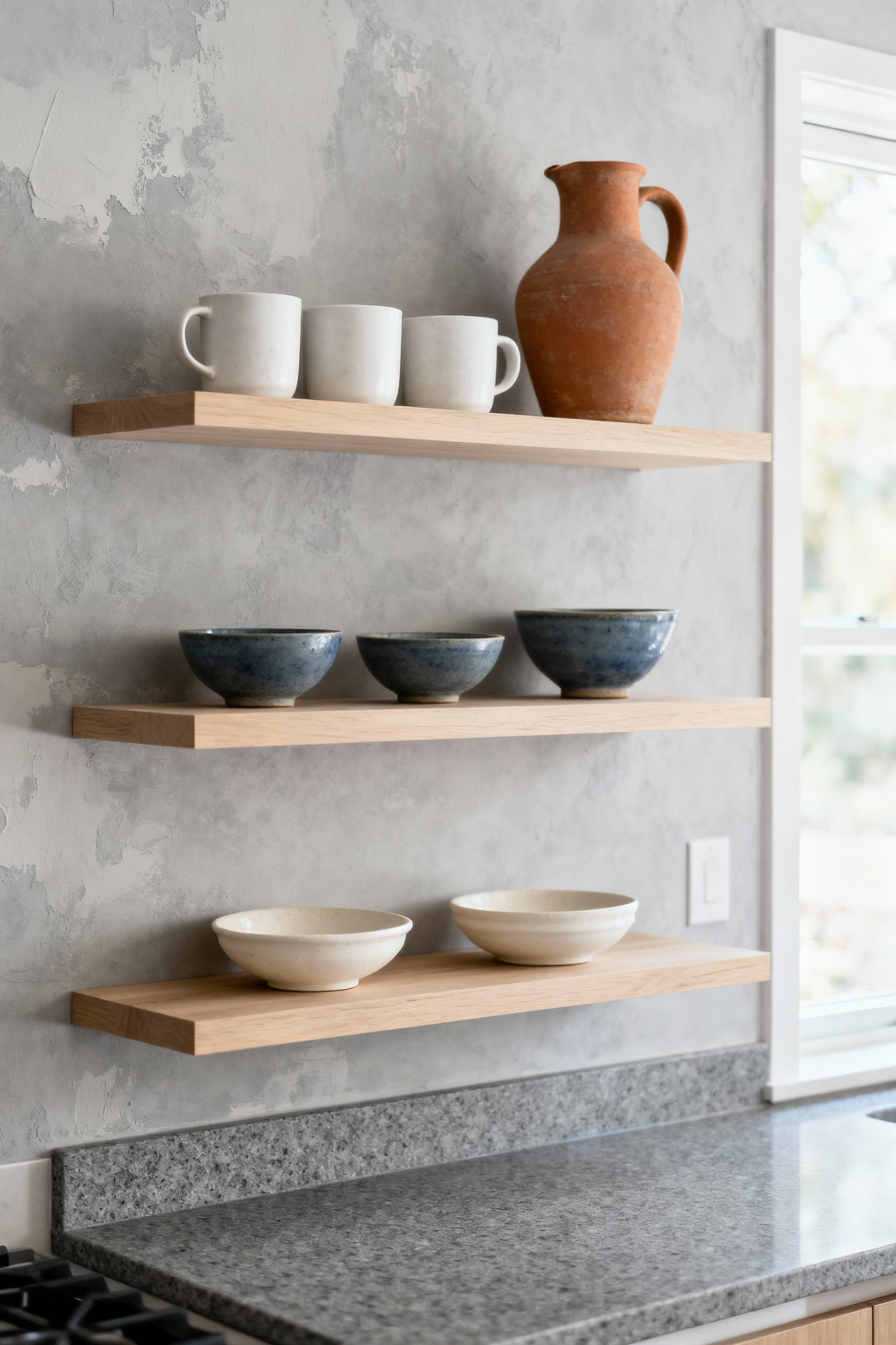 Open wooden shelving in a small, modern kitchen displaying curated collections of artisanal ceramics, including hand-thrown mugs and terracotta bowls, utilizing negative space for a rotating gallery effect.