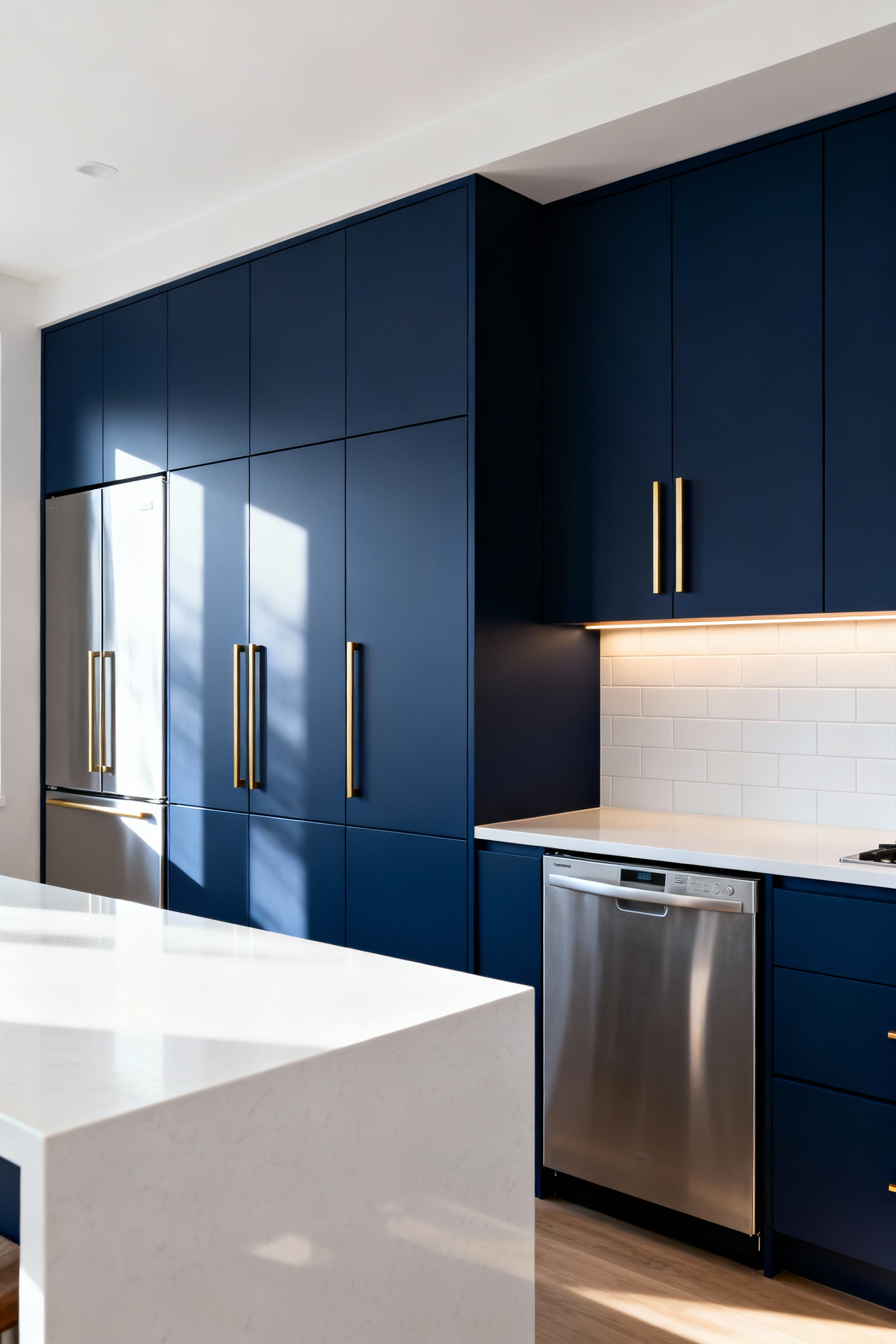 A minimalist small kitchen featuring a seamless wall of integrated, floor-to-ceiling cabinetry in deep navy blue. The panel-ready refrigerator and dishwasher are completely concealed, maximizing visual flow and reducing clutter in the compact space.