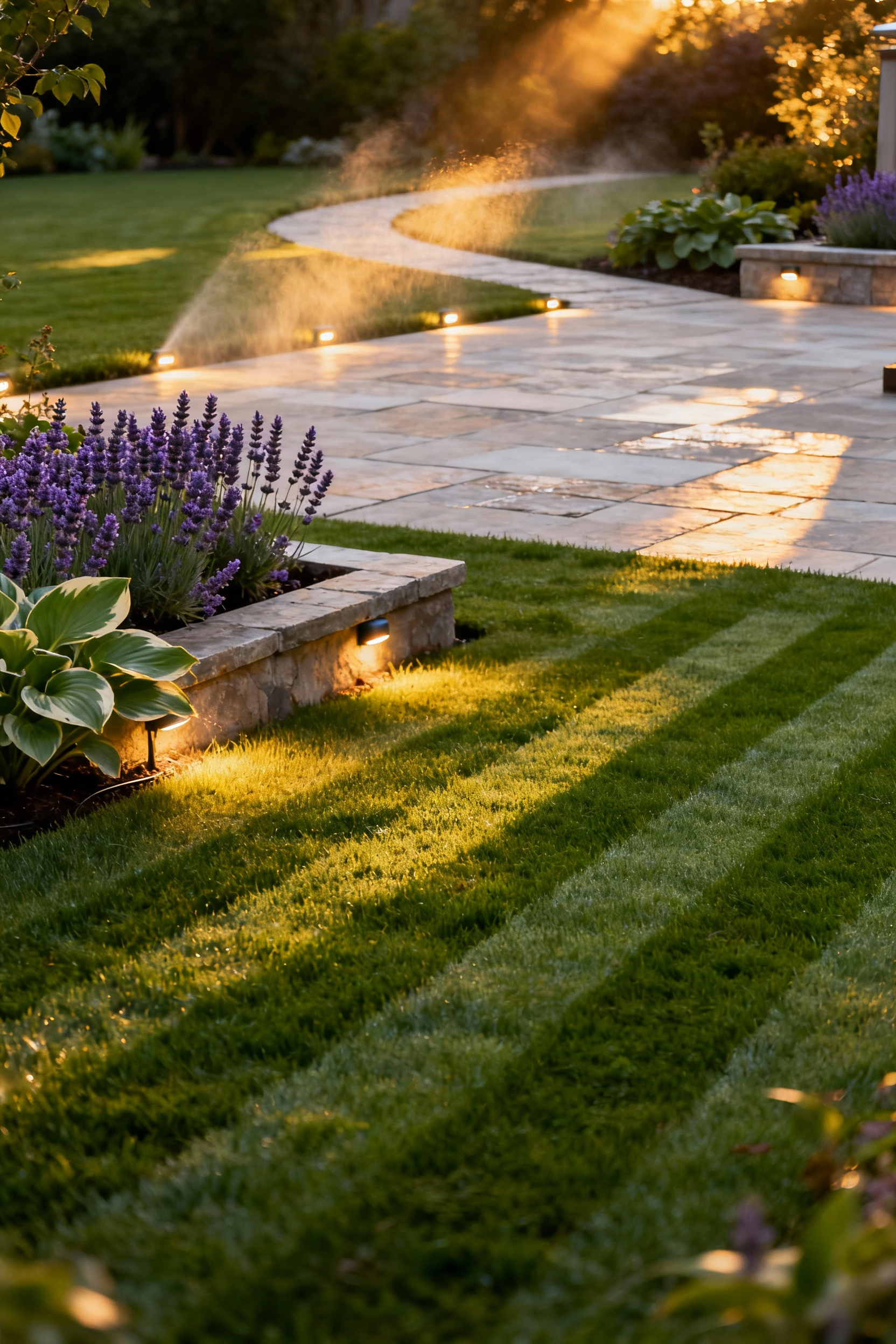 A photograph of a perfectly striped green lawn and contemporary patio at golden hour, subtly lit by warm smart integrated outdoor lighting, demonstrating effortless, automated garden management.
