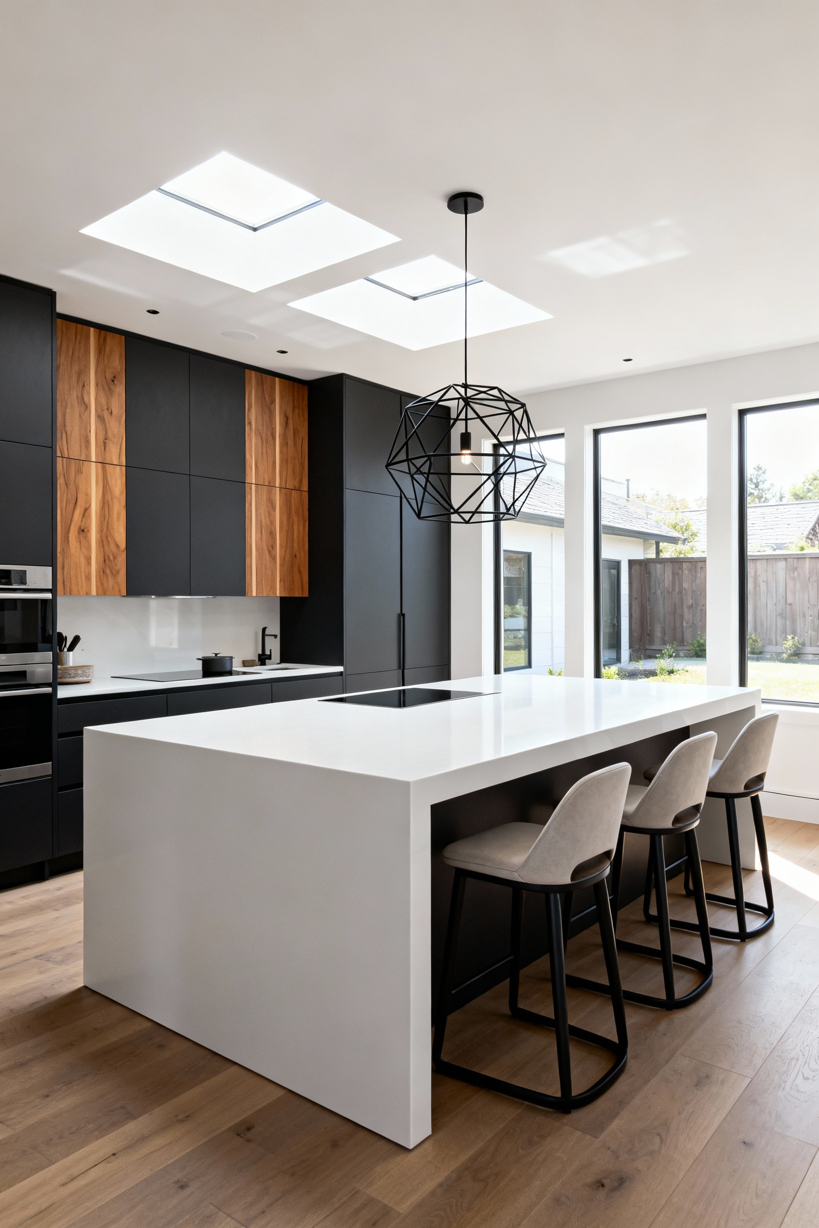 An architectural view of a deep, contemporary kitchen island with seating arranged in an L-shape corner configuration designed for face-to-face social dining.