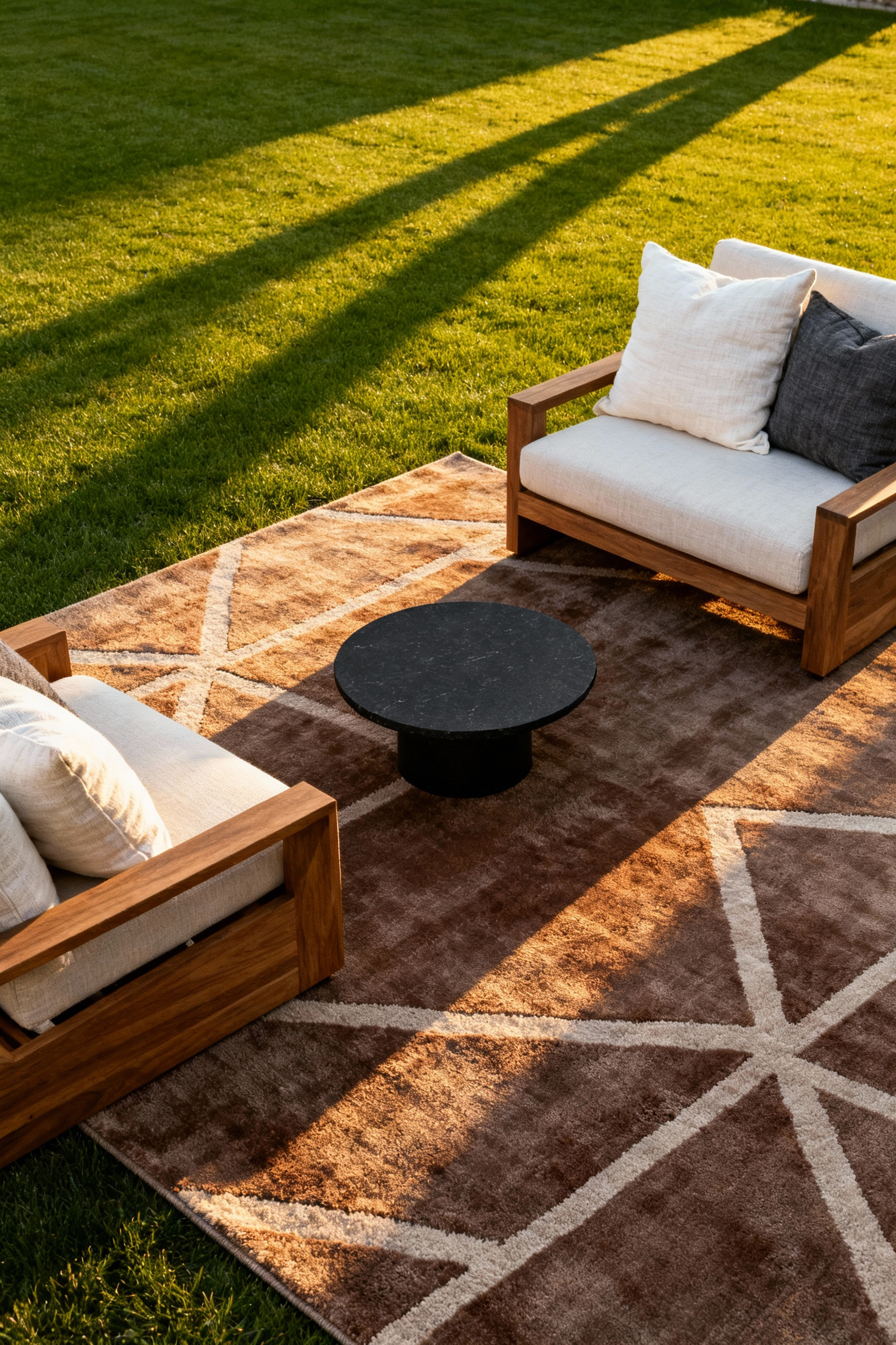 A photograph of an intimate outdoor living room setup on a manicured lawn, featuring a large woven outdoor rug, low teak lounge chairs, and throw pillows, establishing a soft social zone.