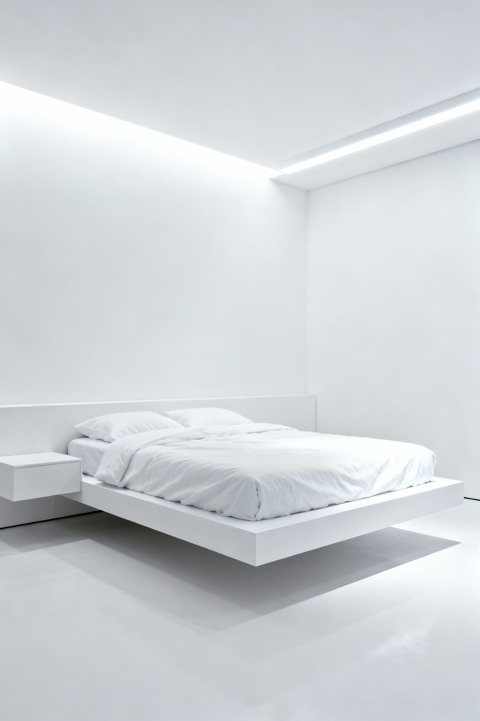A stark, minimalist white bedroom exhibiting the 'Clinical Effect,' where pure, high-reflectivity white walls and linens create an unwelcoming, sterile, and alert atmosphere.