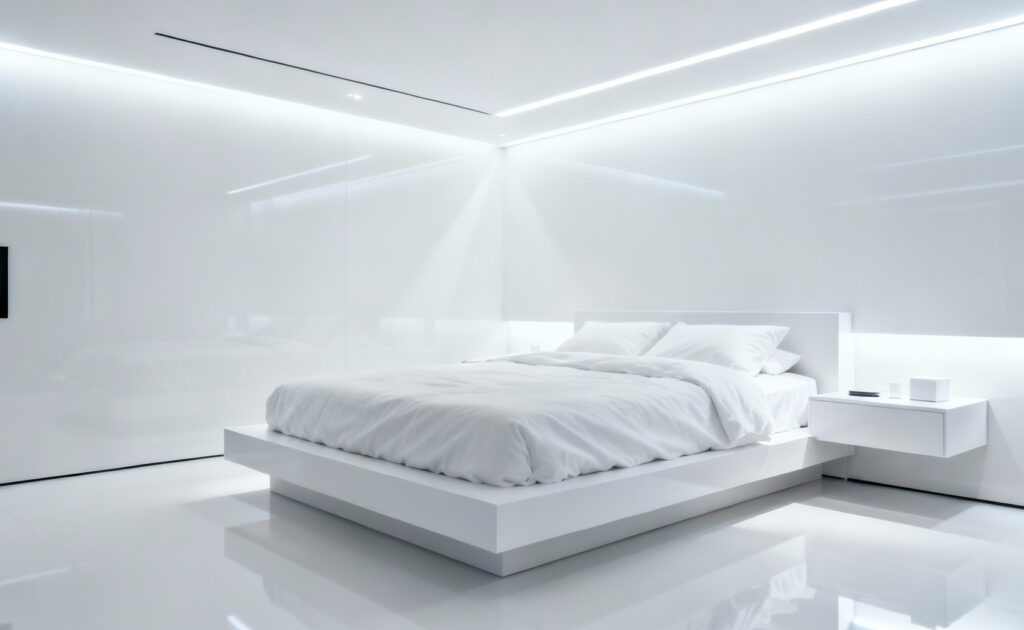 A stark, minimalist white bedroom exhibiting the 'Clinical Effect,' where pure, high-reflectivity white walls and linens create an unwelcoming, sterile, and alert atmosphere.