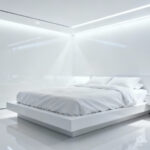 A stark, minimalist white bedroom exhibiting the 'Clinical Effect,' where pure, high-reflectivity white walls and linens create an unwelcoming, sterile, and alert atmosphere.