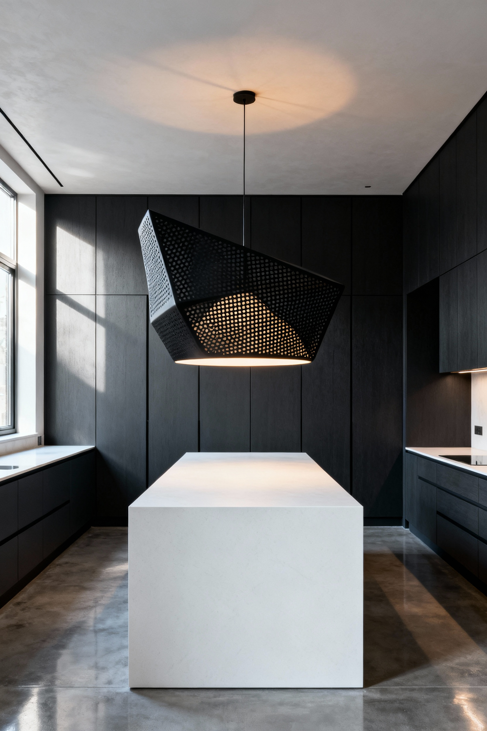 A high-end contemporary kitchen featuring a minimalist white island illuminated by a single, large, matte black sculptural pendant light, serving as a dramatic focal point.