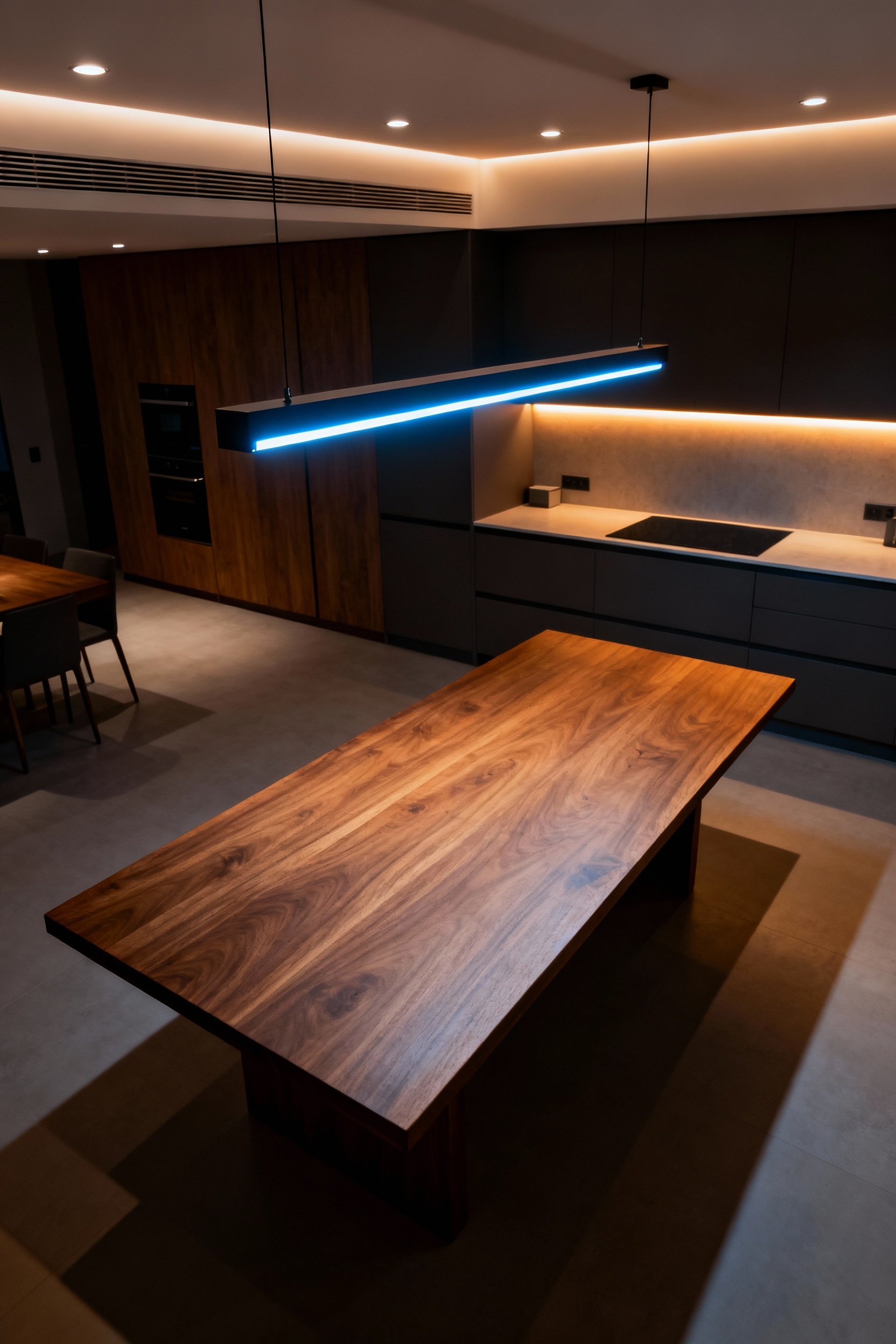 A modern kitchen table dramatically lit by a sophisticated, elongated linear LED pendant and layered with recessed and under-cabinet lighting. The scene highlights strategic, tunable illumination defining a dining hub within a contemporary kitchen space, without people.