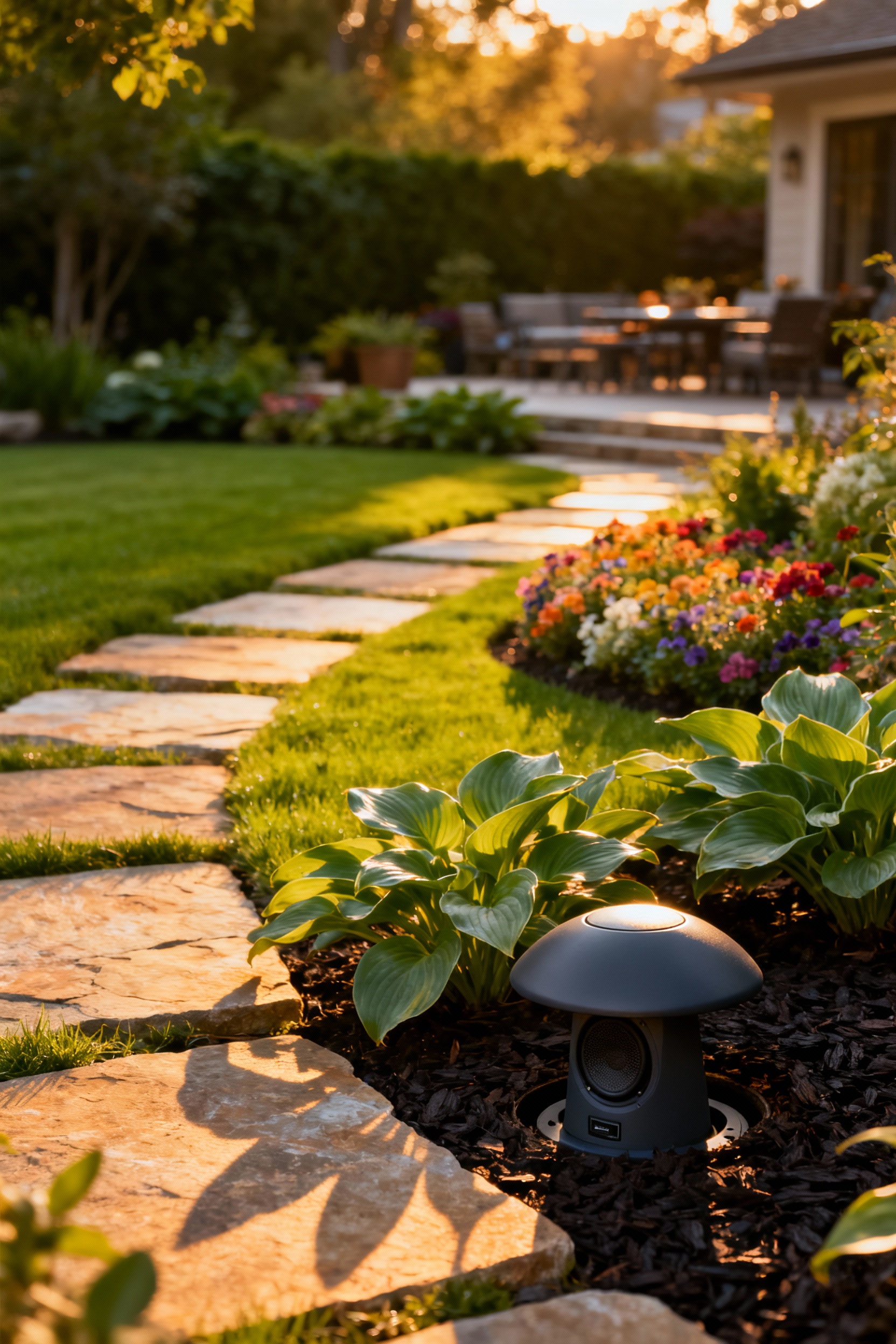 A photograph of a luxurious garden setting showing a small, dark gray, mushroom-shaped dome, which is the visible component of a subterranean burial subwoofer, nestled among rich green plants and soil.