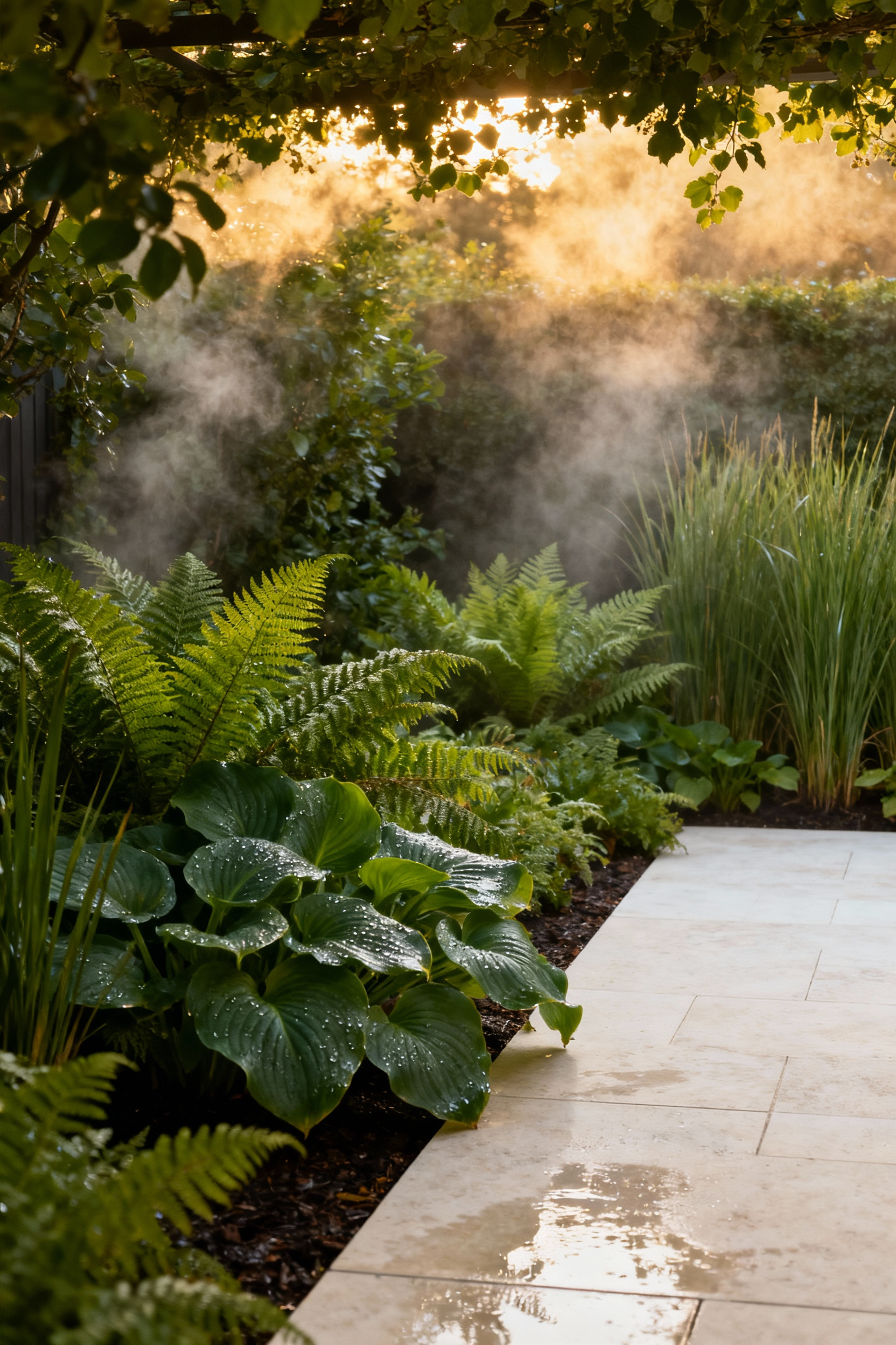A dense, layered garden featuring lush green ferns and grasses bordering a pale stone patio, illustrating an evapotranspiration zone used for thermal architecture to mitigate the Urban Heat Island effect in an outdoor setting.