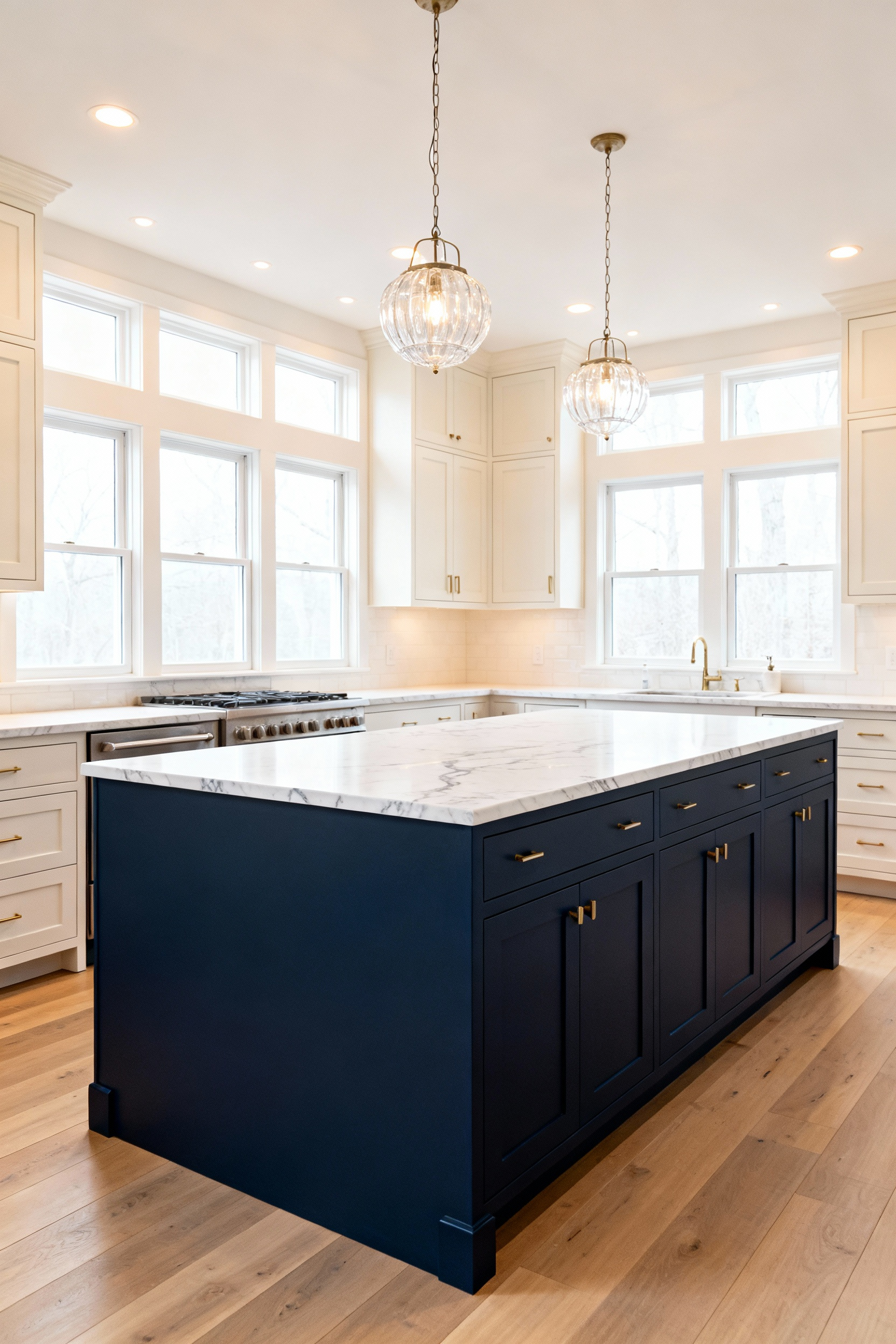 Sophisticated kitchen interior with deep navy lower cabinets and warm off-white upper cabinets, showcasing a stylish two-tone cabinetry aesthetic.