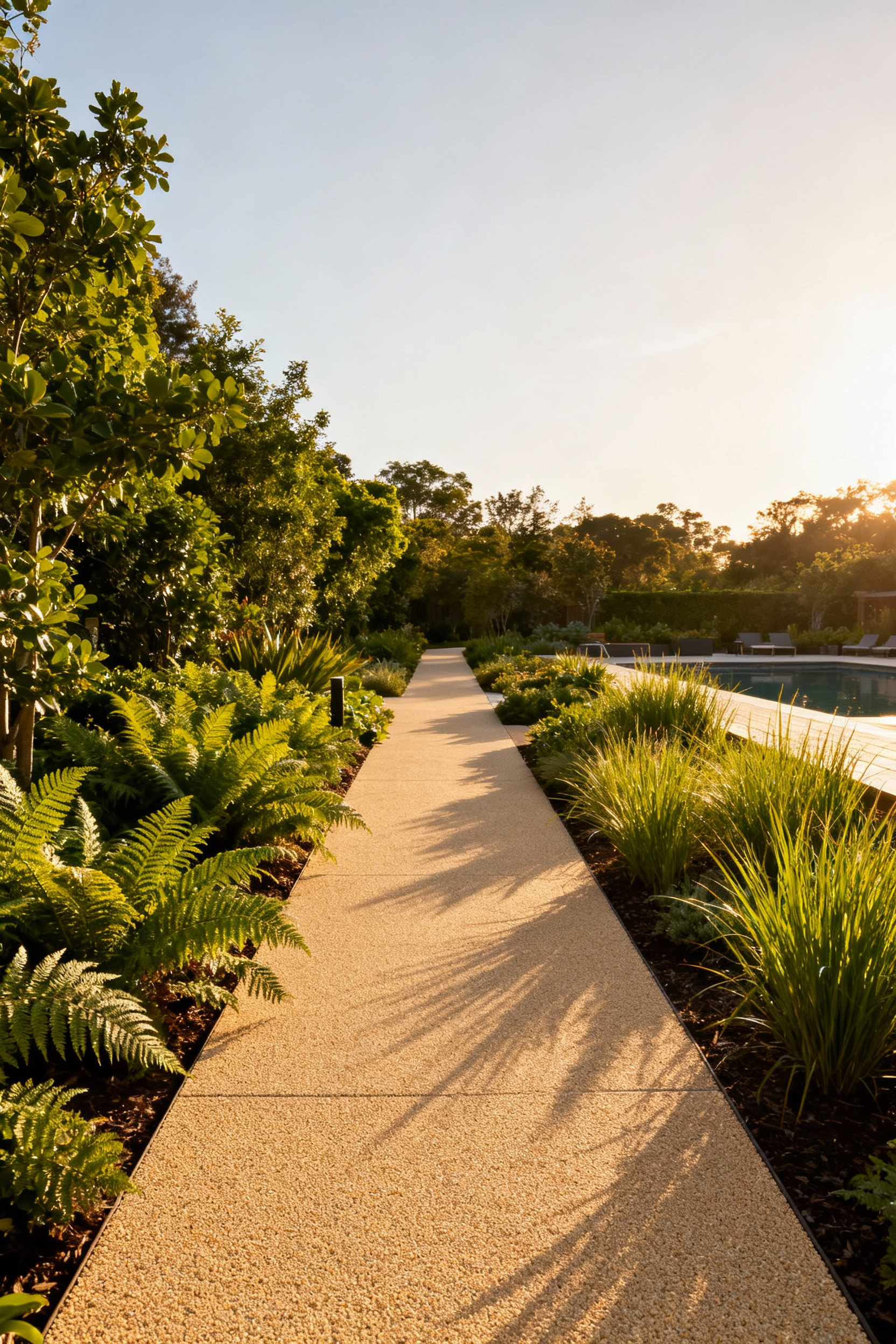 A wide, level pathway made of light beige compacted decomposed granite winds through a lush, universally designed garden area during golden hour, emphasizing accessibility.