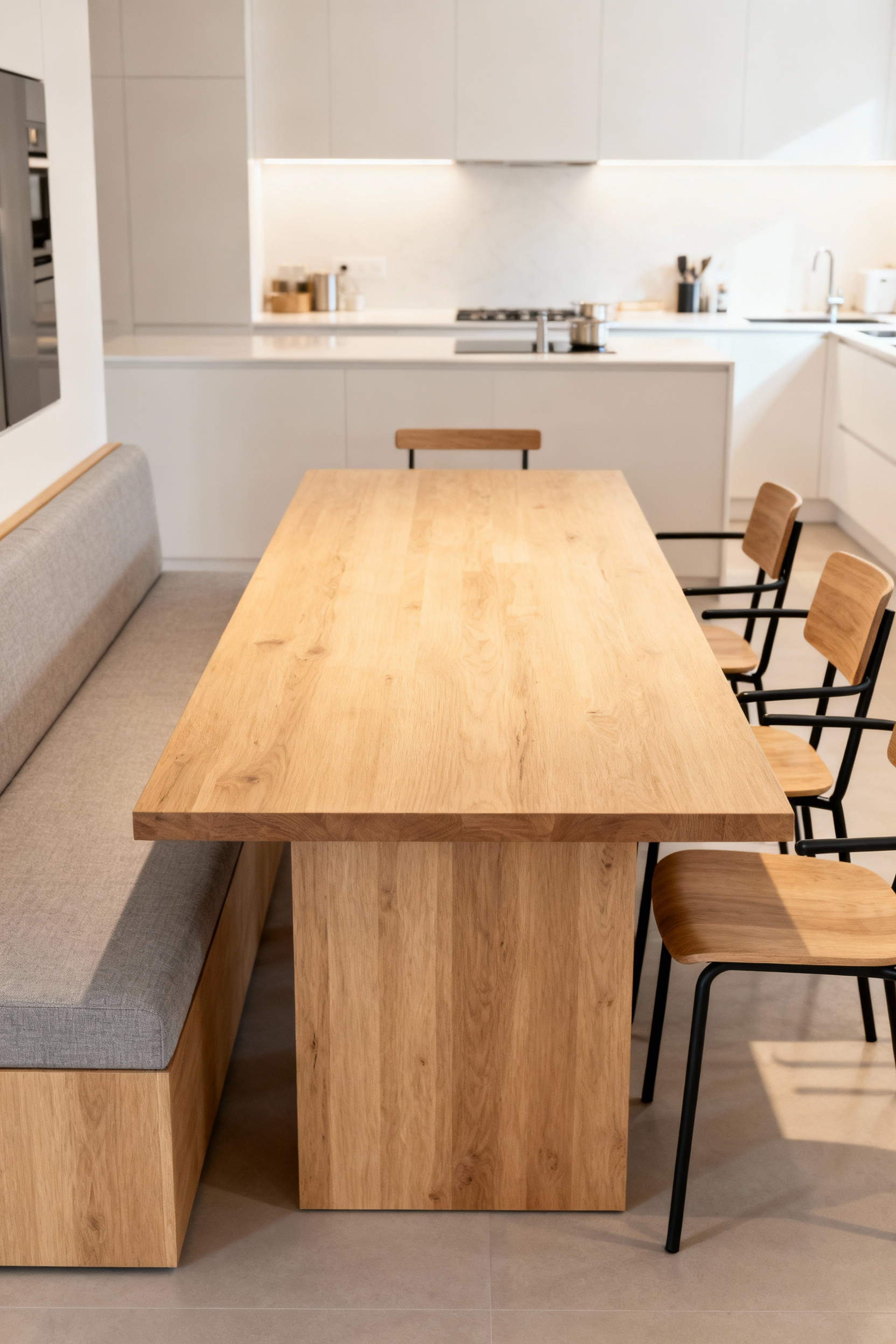 Modern kitchen dining area featuring a versatile seating arrangement with both a minimalist dining bench and modern chairs around a sleek kitchen table.