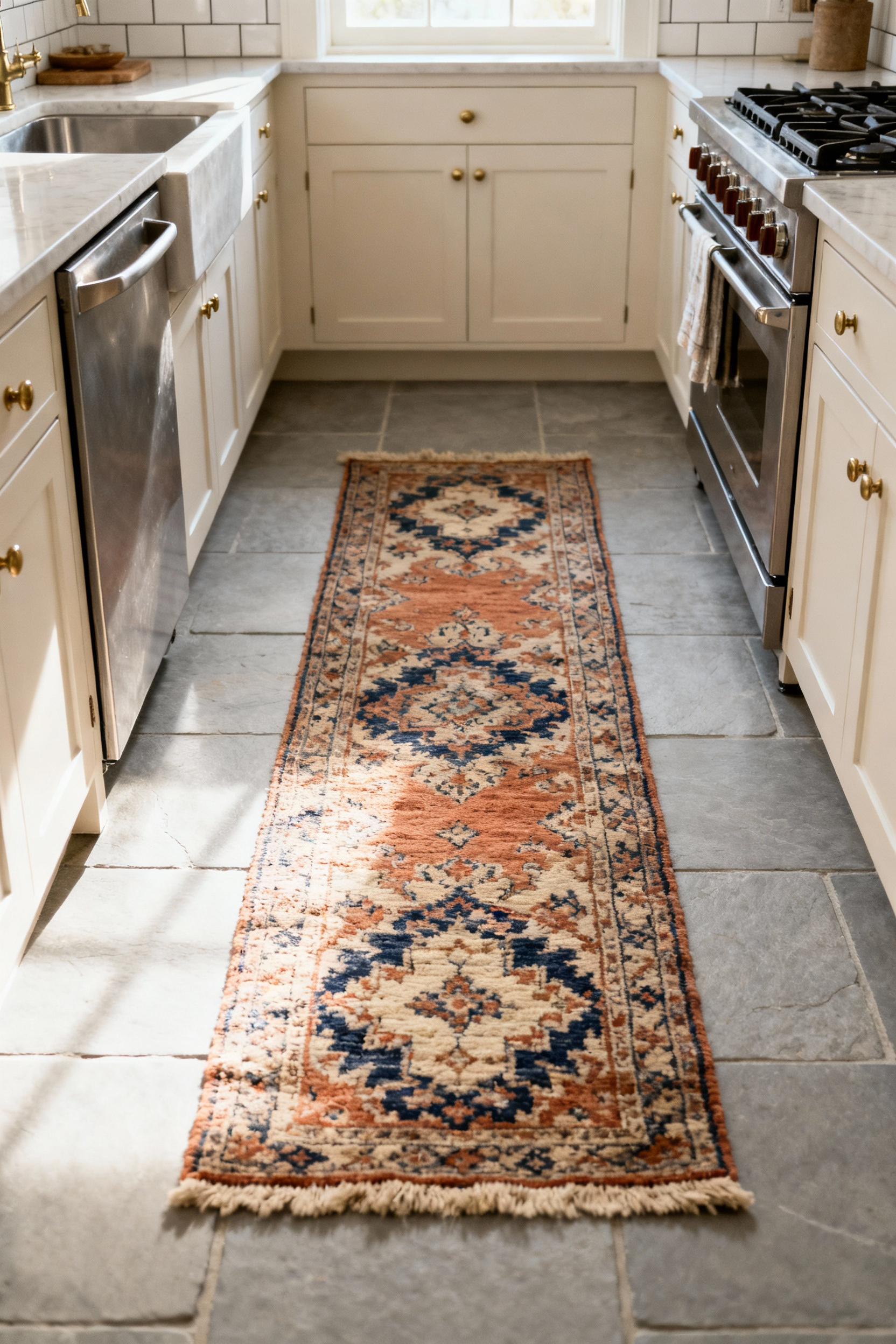 A small kitchen featuring a rich, vintage wool runner rug positioned between the sink and the stove on a hard tile floor, illustrating how textiles dampen acoustics and add cushioning.