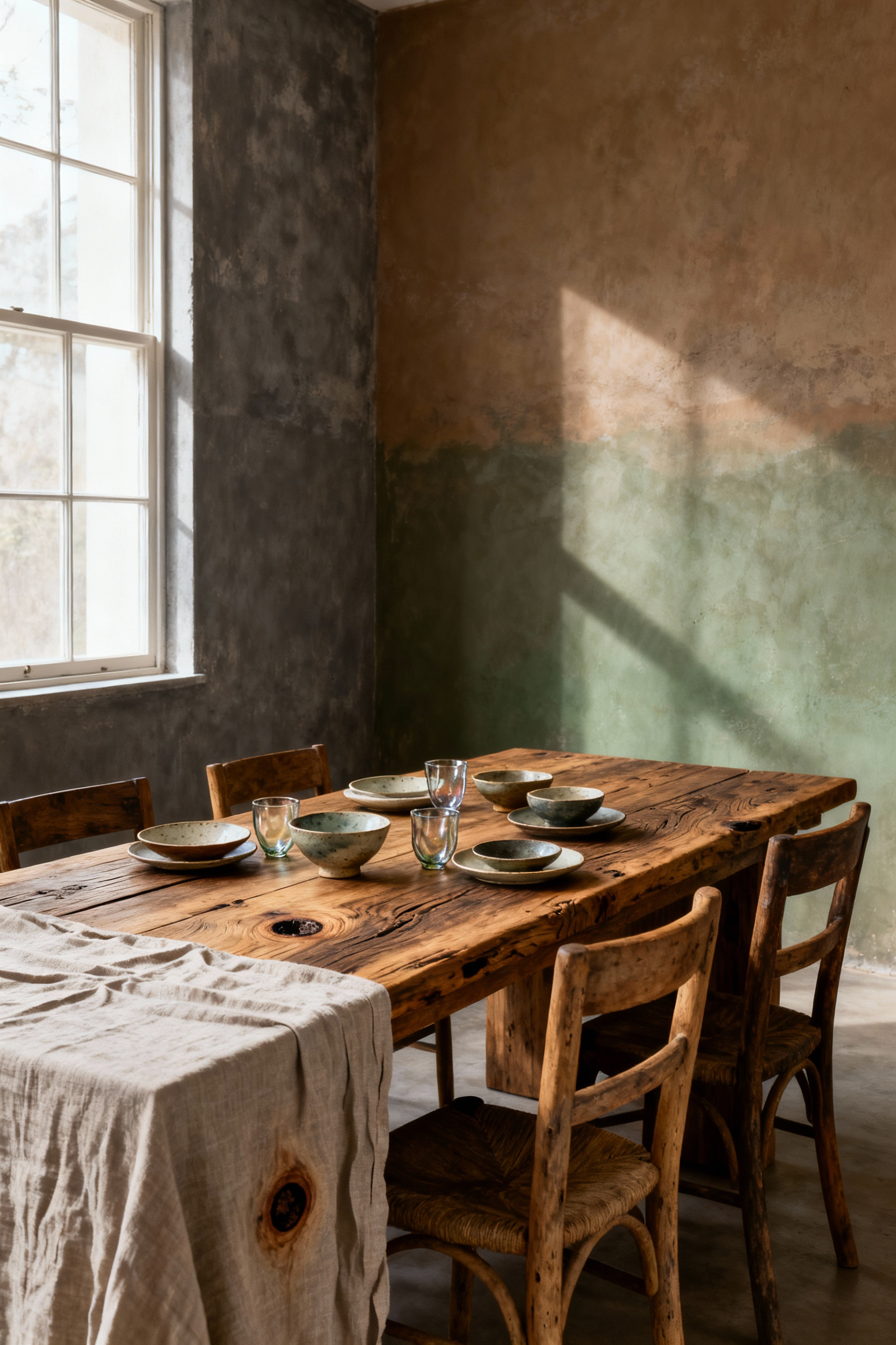A serene Wabi-Sabi inspired dining room featuring an unlacquered reclaimed elmwood table, handcrafted mismatched ceramic dinnerware, and hand-blown glass under soft natural light. Muted earthy tones and natural textures define the space, celebrating imperfection.