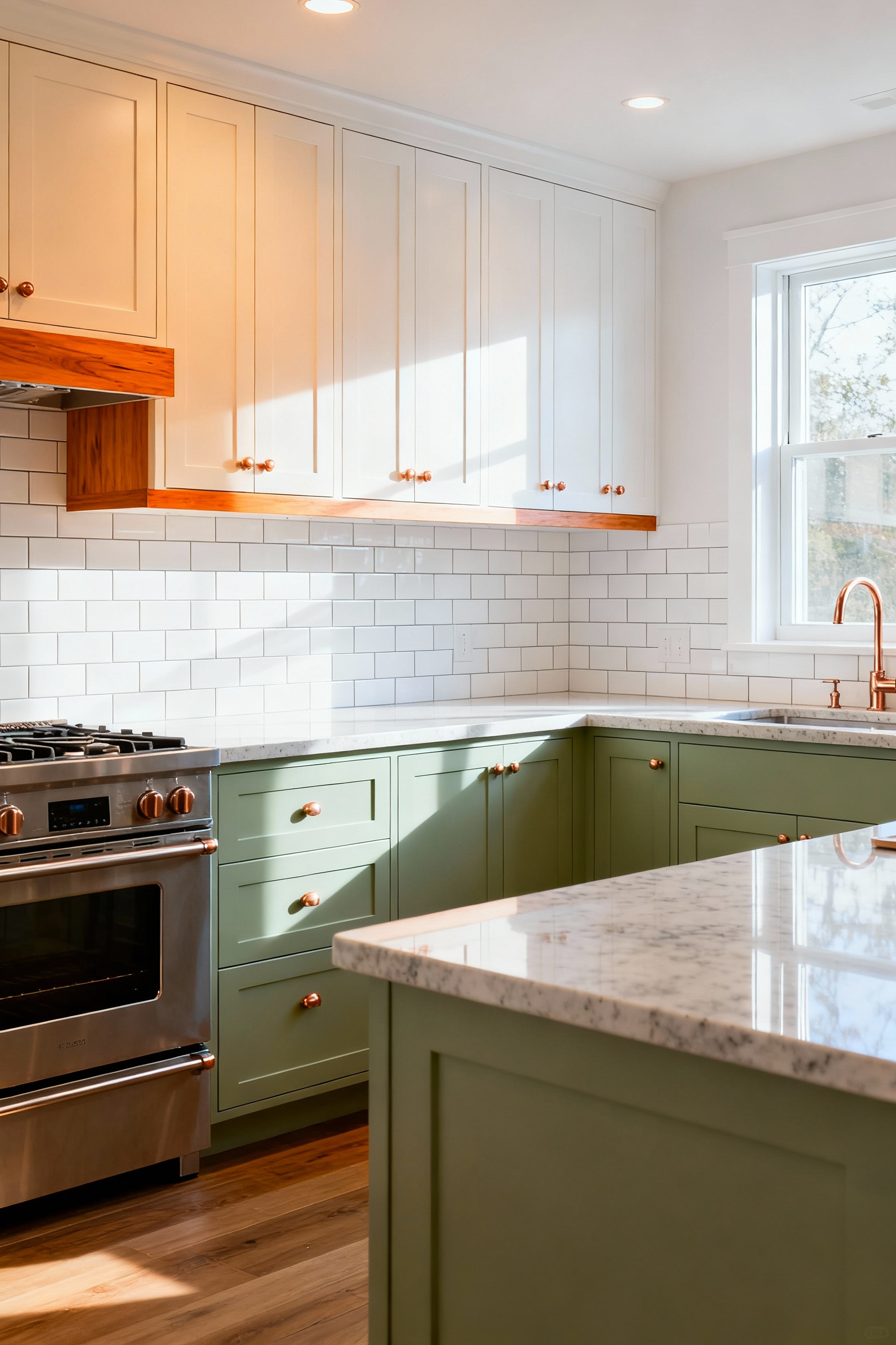A modern kitchen interior showing a subtle distinction between warm and cool color palettes. One section features creamy white and light wood cabinets with warm lighting, while another displays sage green cabinets with cool white tiles and cool natural light, illustrating mood dynamics created by color temperatures.