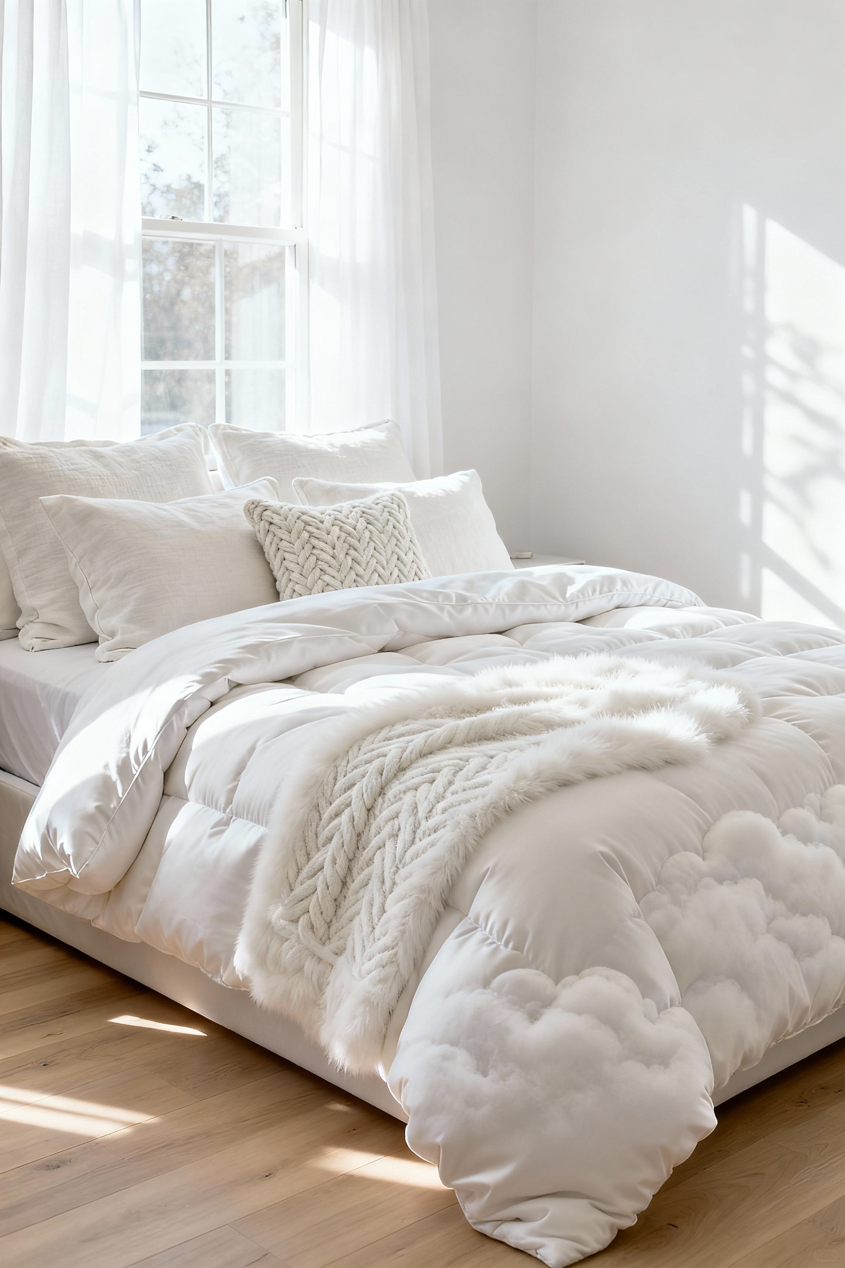 A luxurious, minimalist white bedroom featuring a deeply layered, textured bed described as a 'cloudscape,' with high-loft white bedding and varied textiles designed to promote deep sleep and a subconscious sense of security.