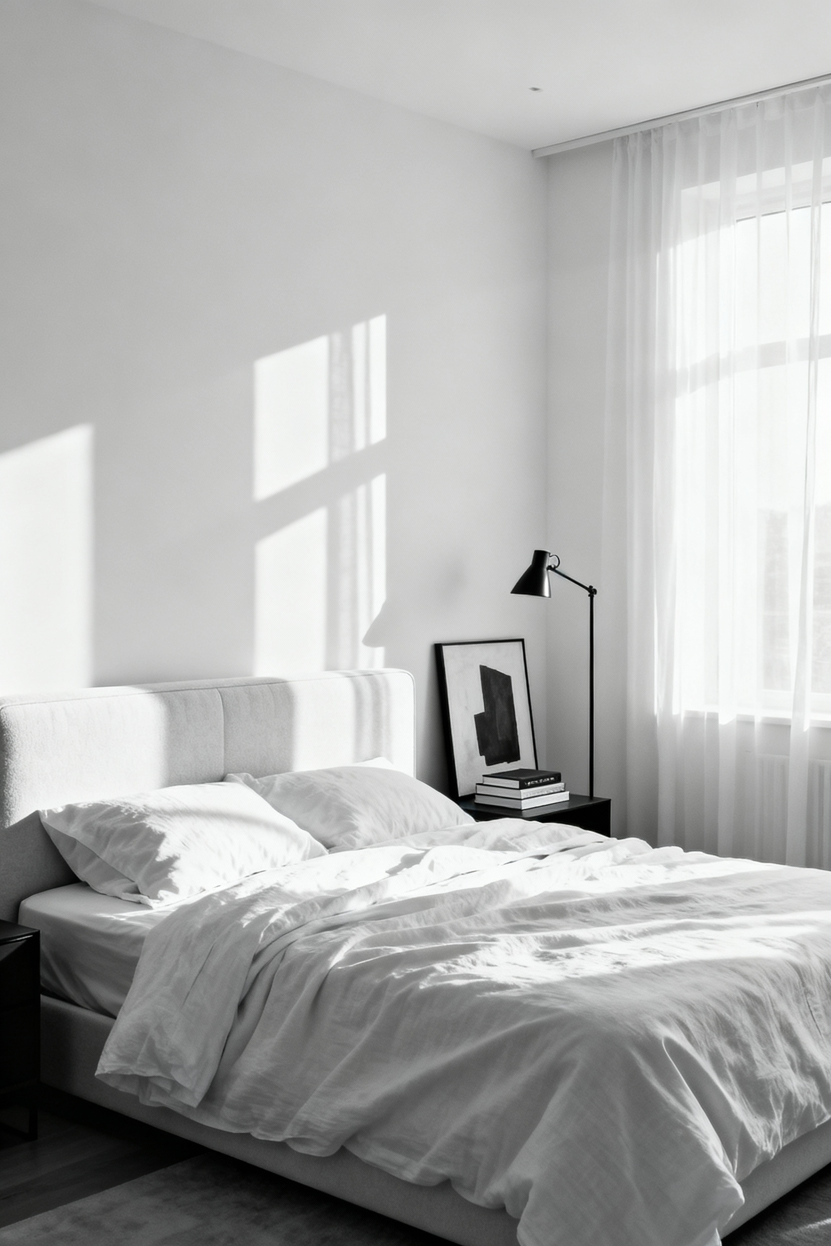 A high-contrast minimalist white bedroom featuring strategically placed black decor, including a black floor lamp and books, which serve as visual punctuation and create depth against the bright white walls and bedding.