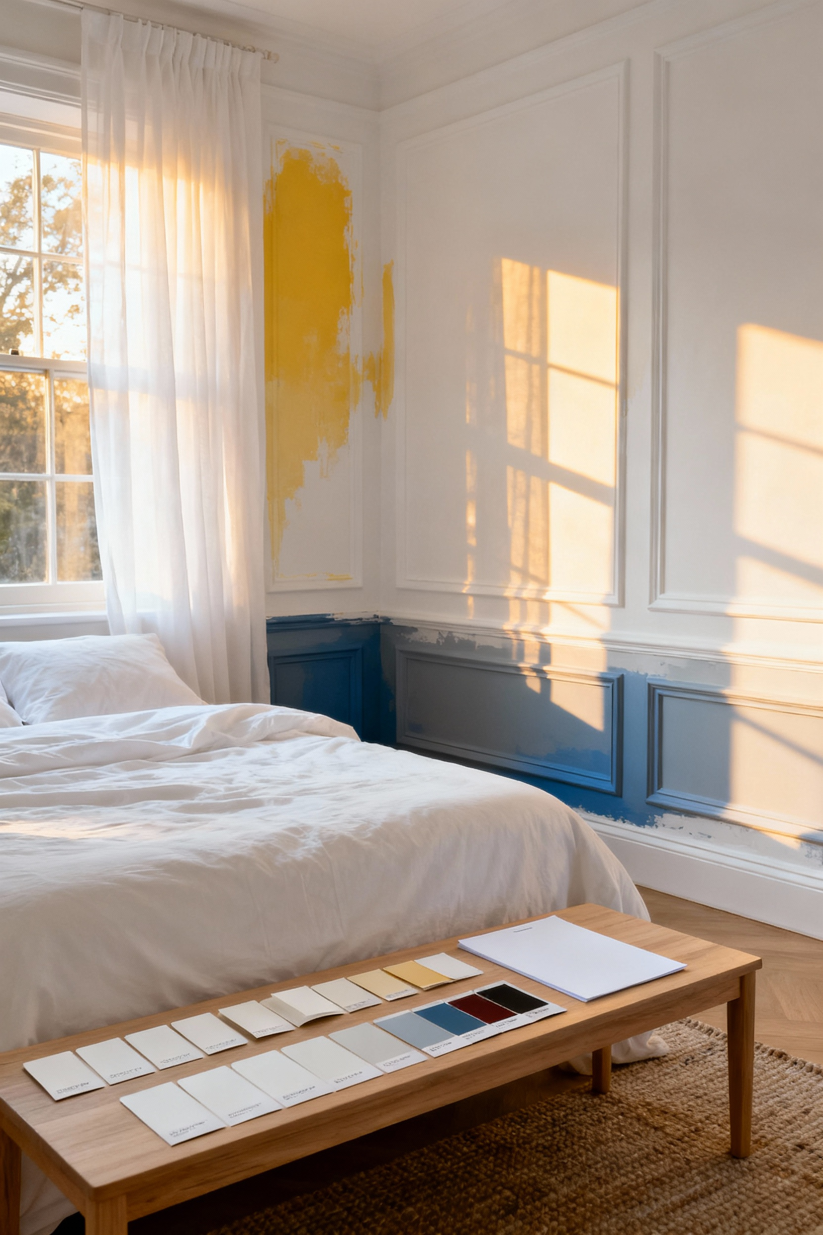 A minimalist white bedroom interior where subtle paint undertones are visible under varying natural light conditions, with paint swatches and a sheet of pure white paper on a bedside table.