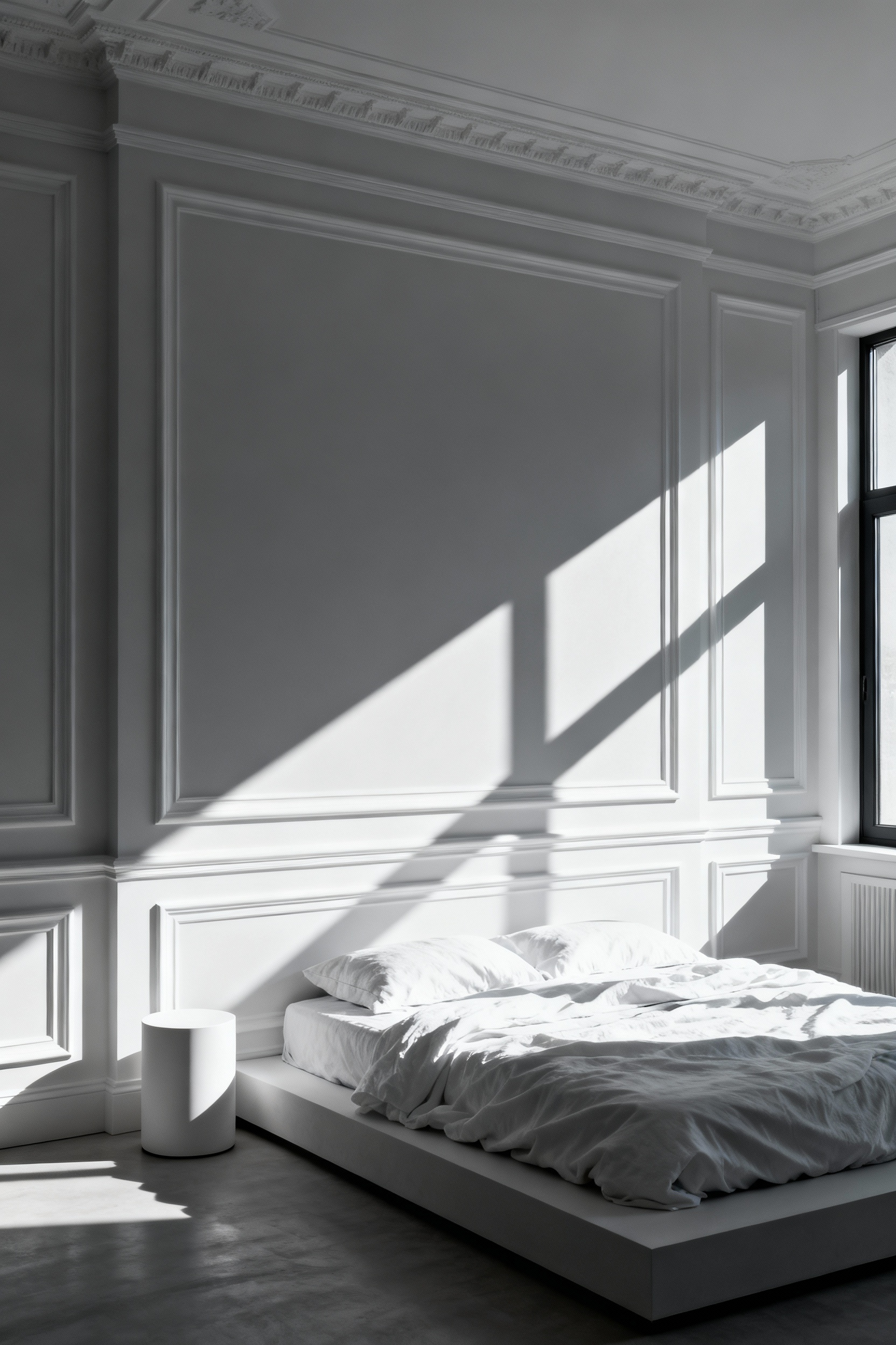 Spacious white bedroom featuring intricate wainscoting and sophisticated architectural molding. Strong morning sunlight casts sharp, elongated grey shadows across the uniform white walls, creating visual depth and contrast.