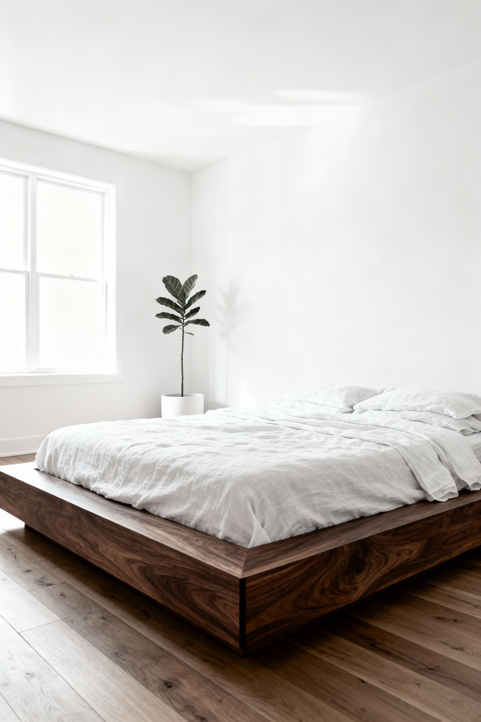 A bright, minimalist white bedroom featuring a substantial, low-profile walnut wood bed frame and a raw oak floor, demonstrating the concept of a 'wooden grounding rod' against the light decor.
