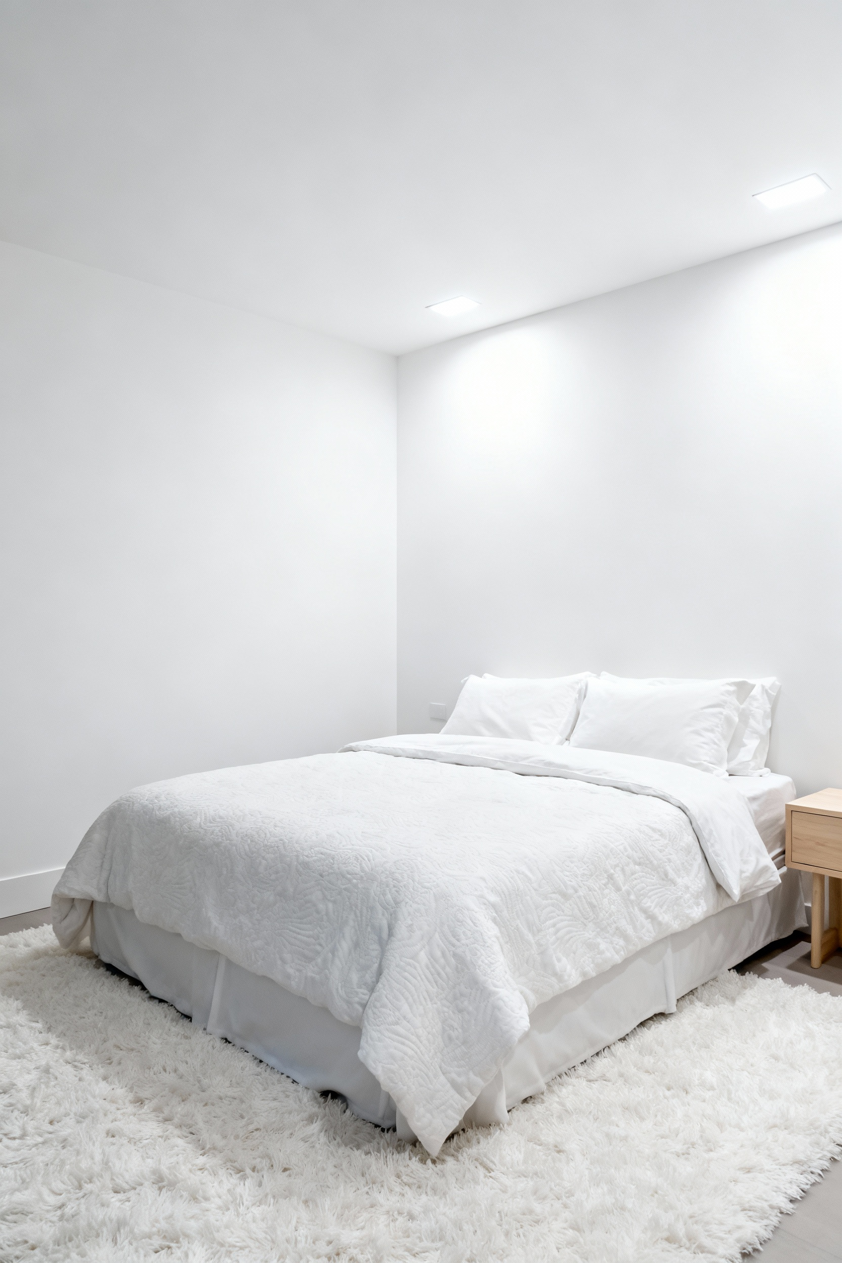 A pristine white bedroom interior illuminated by bright, clean 3000K overhead lighting, emphasizing precise light management to maintain the clarity of the white palette.