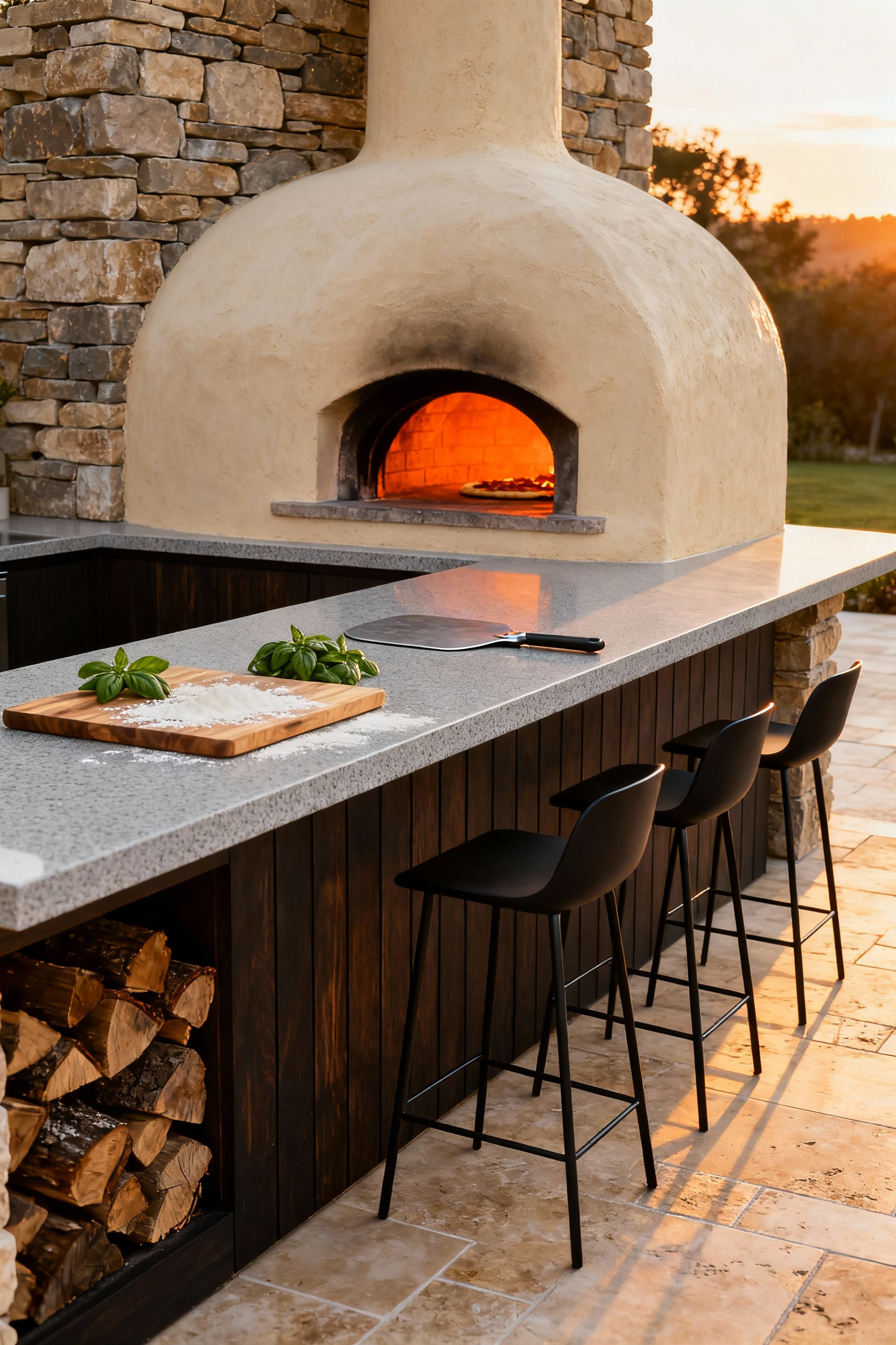 A large, sophisticated outdoor kitchen island featuring an integrated wood-fired pizza oven, broad quartz countertops for food preparation, and stylish bar seating for guests.