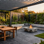 High-design backyard featuring zoned outdoor rooms, including a dining patio and lounge area, replacing a traditional lawn with modern hardscaping and extensive living vertical gardens.