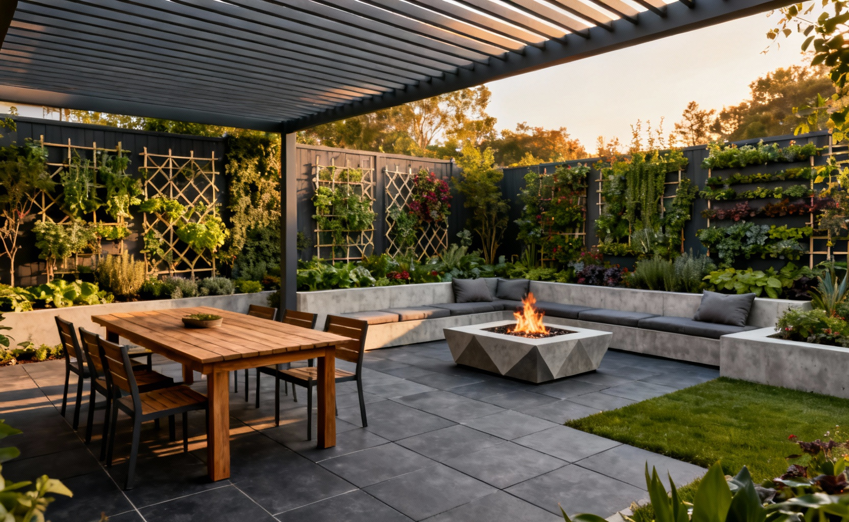 High-design backyard featuring zoned outdoor rooms, including a dining patio and lounge area, replacing a traditional lawn with modern hardscaping and extensive living vertical gardens.