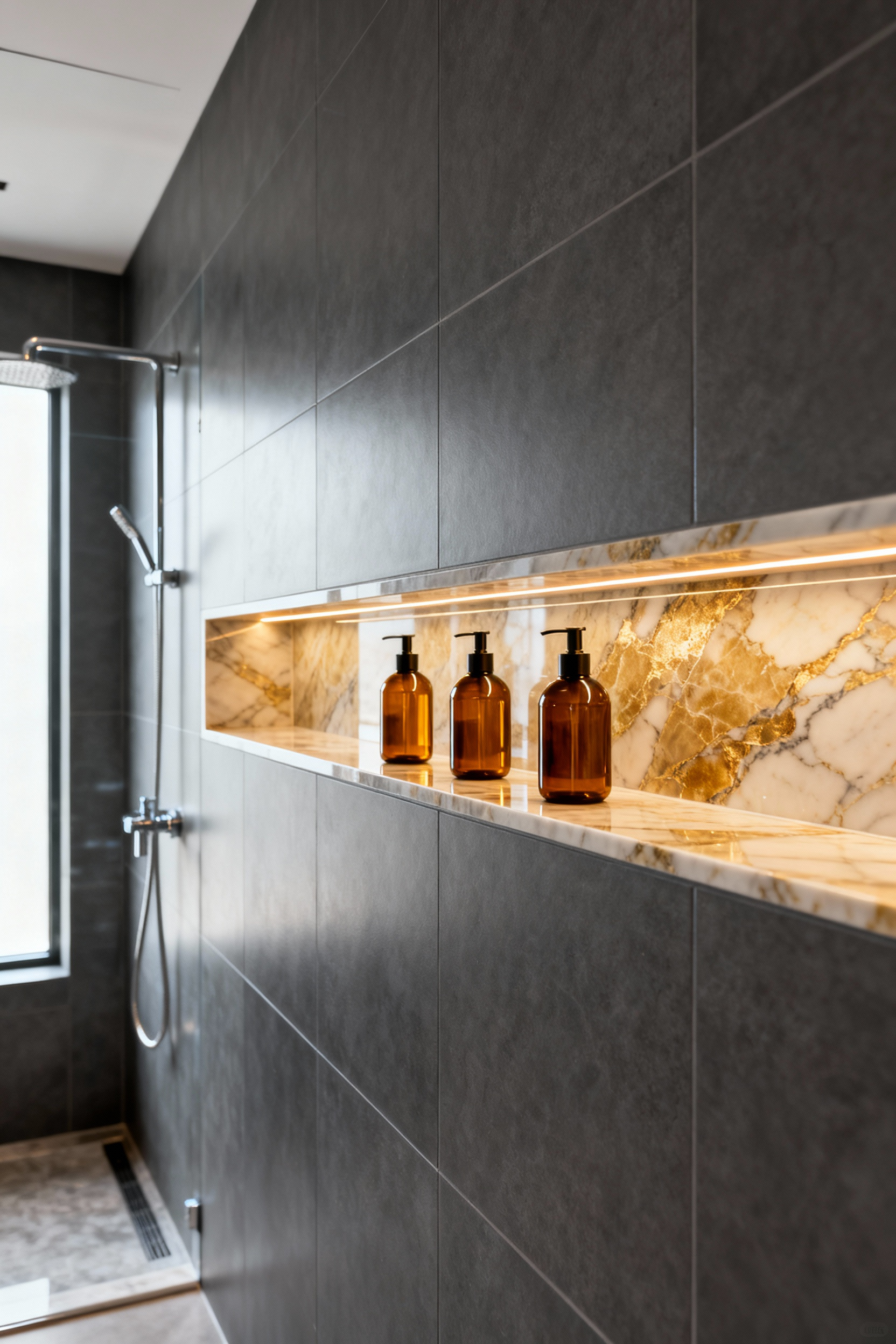 A contemporary walk-in shower with matte charcoal grey walls featuring an optimized horizontal recessed niche lined in contrasting polished Calacatta Gold marble, displaying three neatly organized amber glass bottles.
