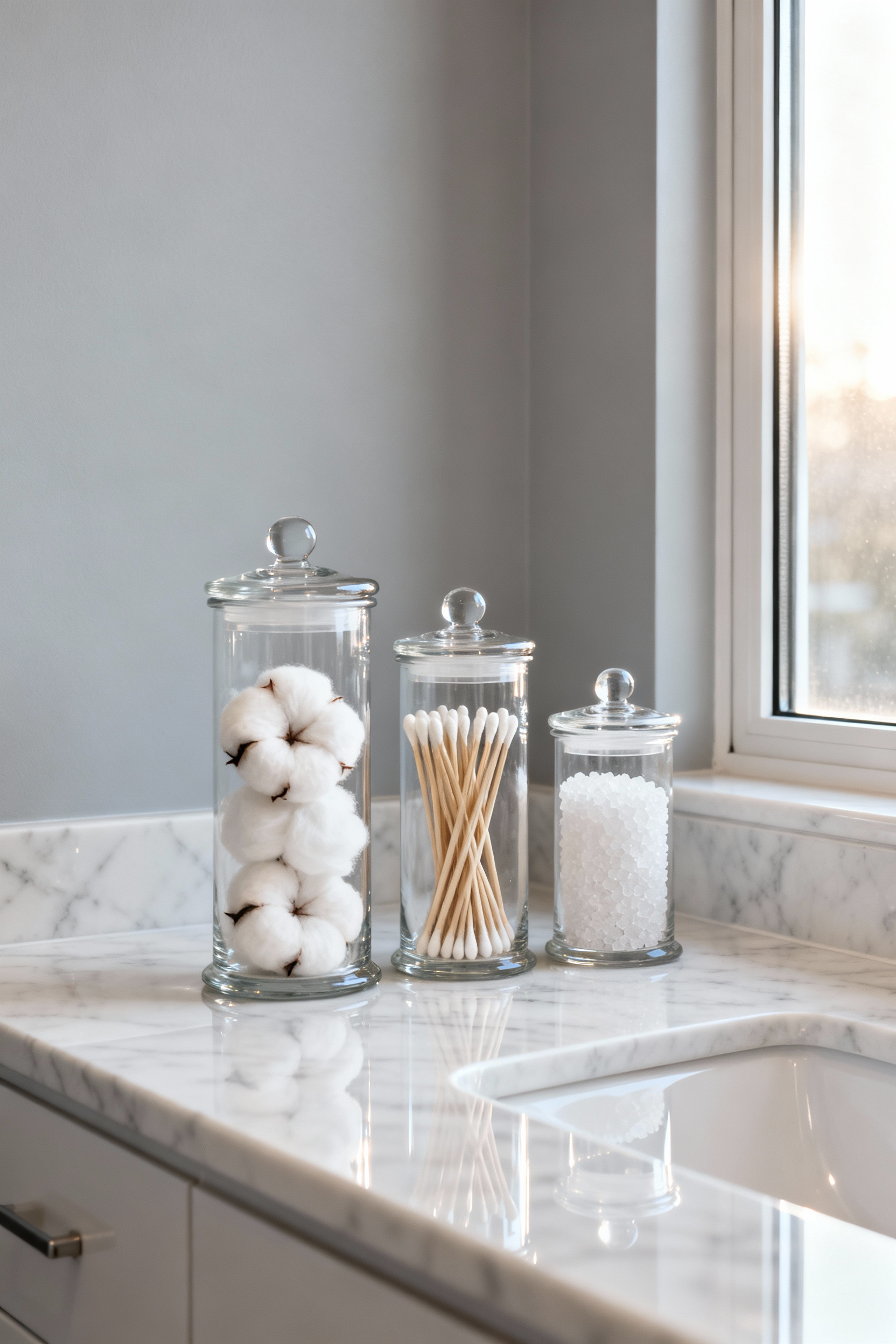 Three clear glass apothecary jars filled with cotton balls, swabs, and bath salts arranged on a white marble bathroom counter, illustrating visual calm.