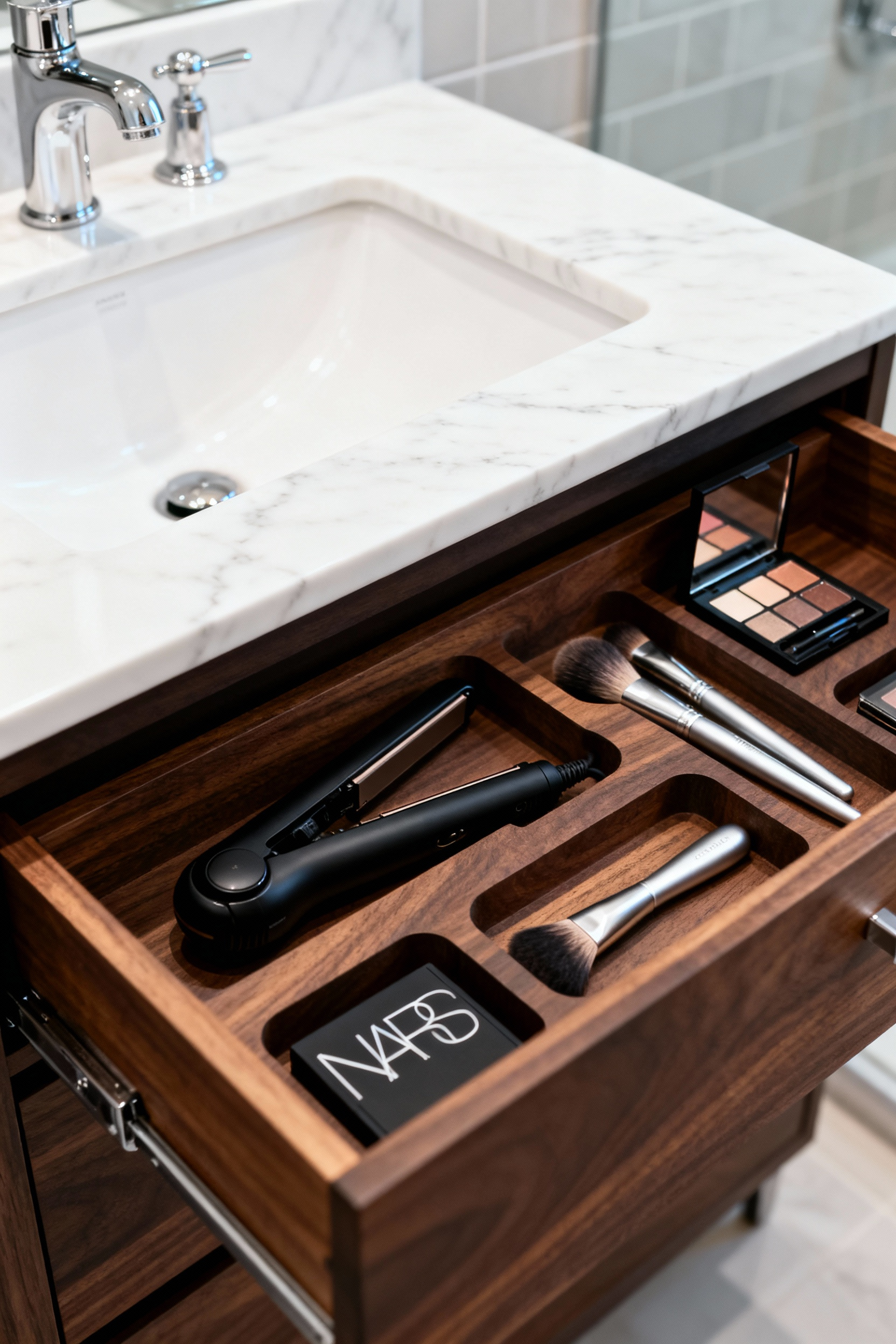 Luxury bathroom vanity with an open drawer showing dark walnut custom joinery inserts tailored precisely for makeup palettes and hair tools.