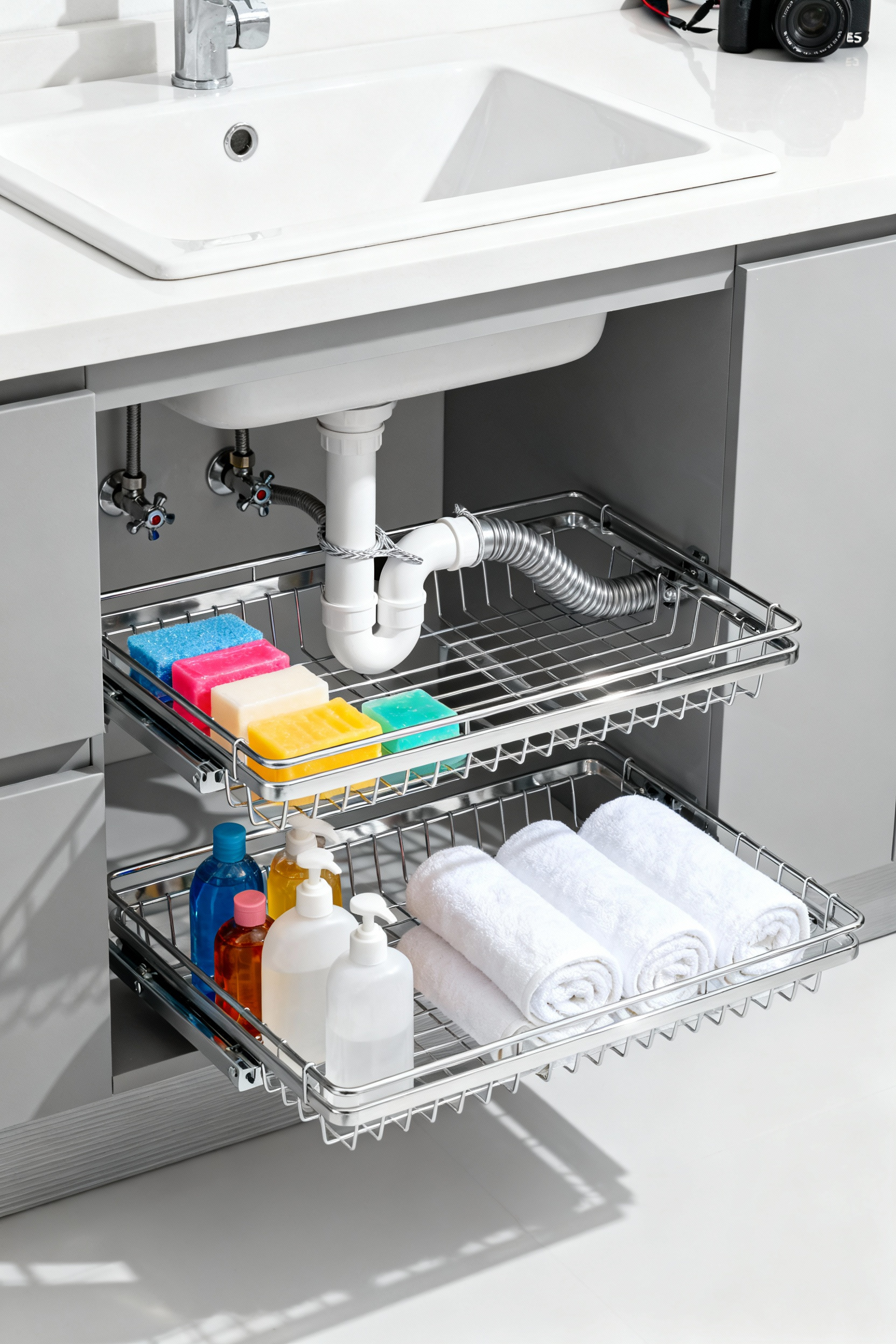 The inside of a modern bathroom vanity cabinet showing a chrome slide-out organizer shelf that uses a U-shaped cutout to maximize storage space by fitting precisely around the visible P-trap plumbing pipes.