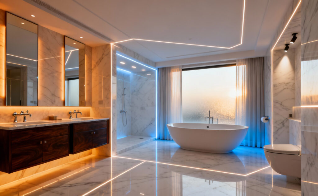 Wide-angle photograph of a luxury modern bathroom divided conceptually into three strategic activity zones (Vanity Zone, Wet Zone, Toilet Zone) using subtle architectural lighting markers on the floor.