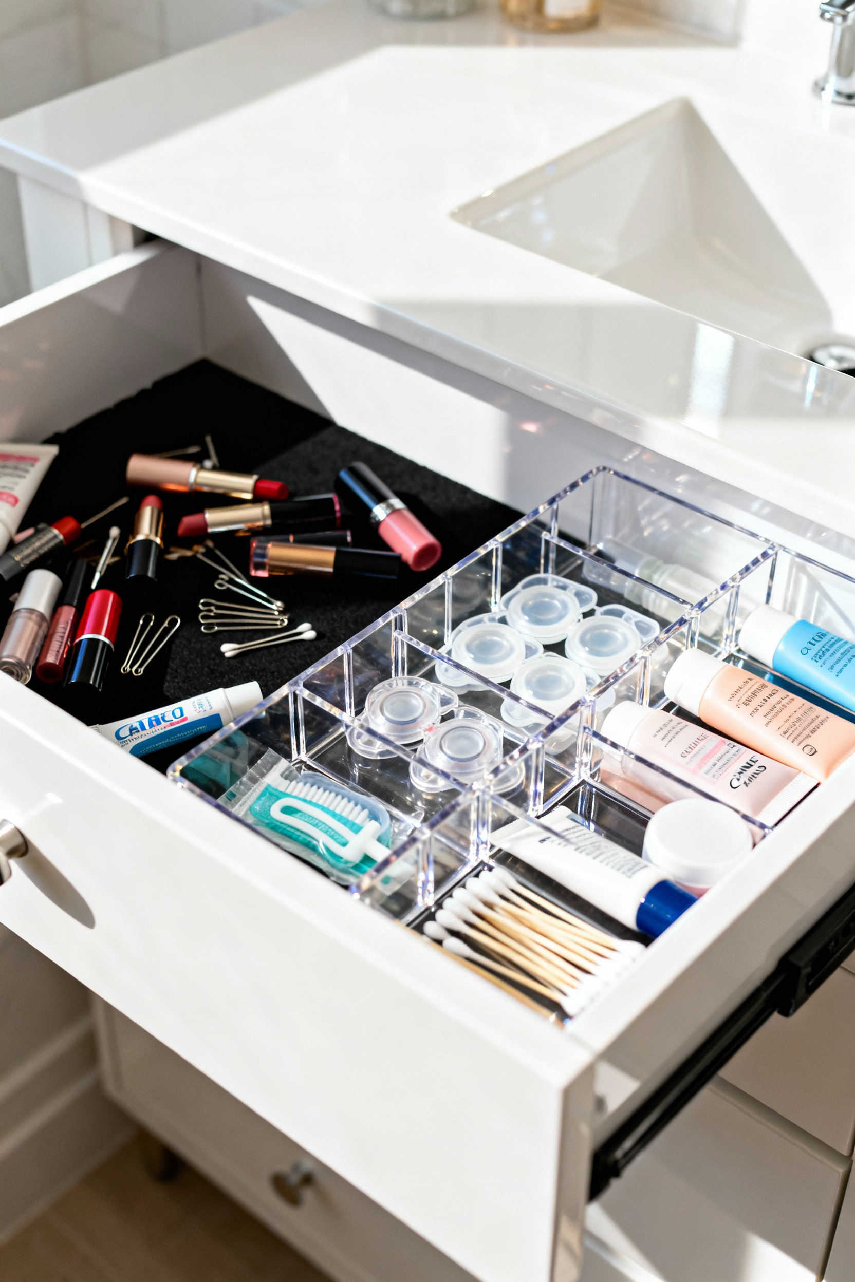 A deep, open bathroom vanity drawer organized with clear modular acrylic dividers, showcasing dedicated compartments for small items like contact cases and lipsticks, contrasting sharply with the disorganized contents on the left side of the drawer.