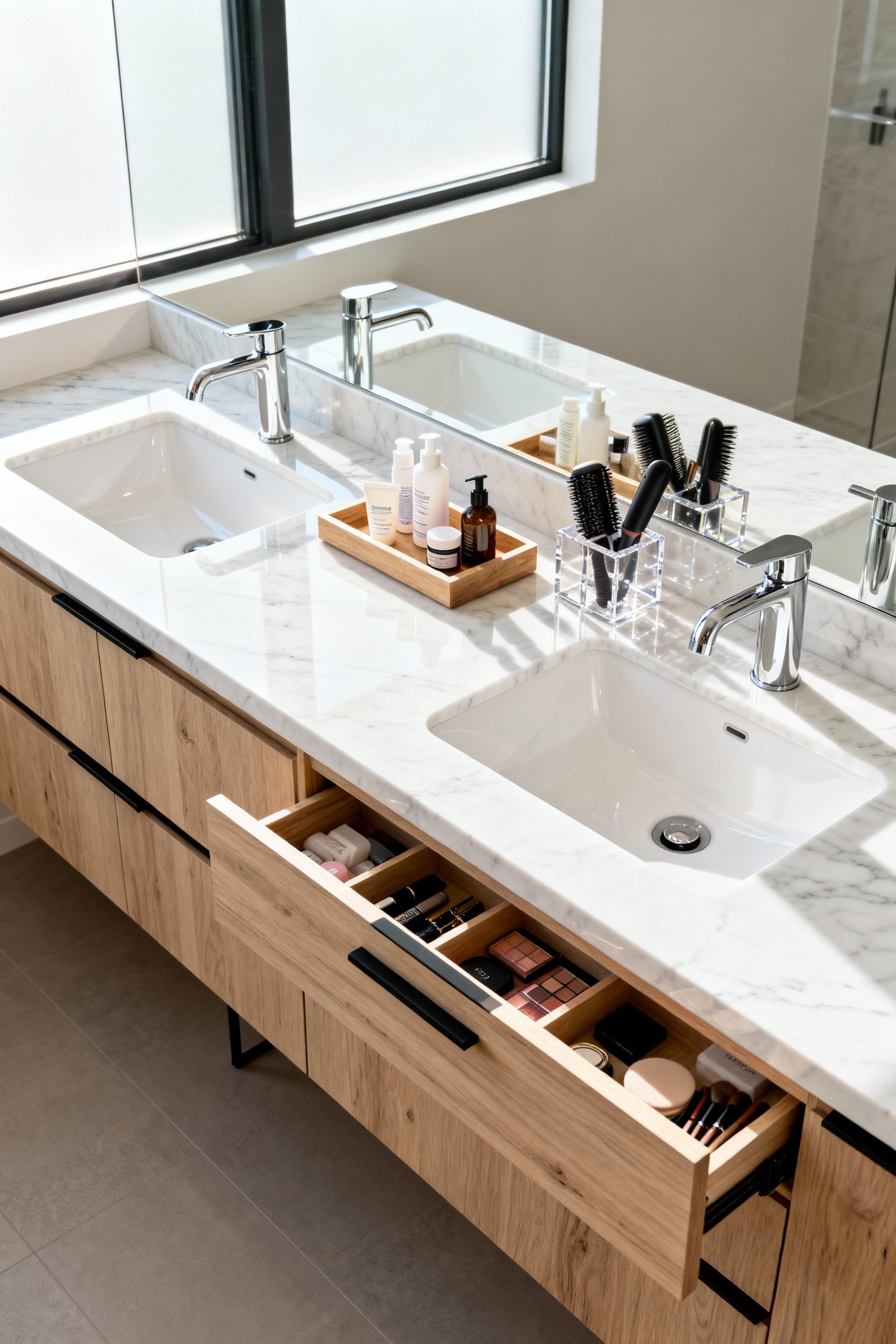 A photograph of a beautifully organized master bathroom vanity featuring dual sinks, Calacatta marble, and rift-sawn oak cabinetry, emphasizing an ergonomic, efficient morning prep station.