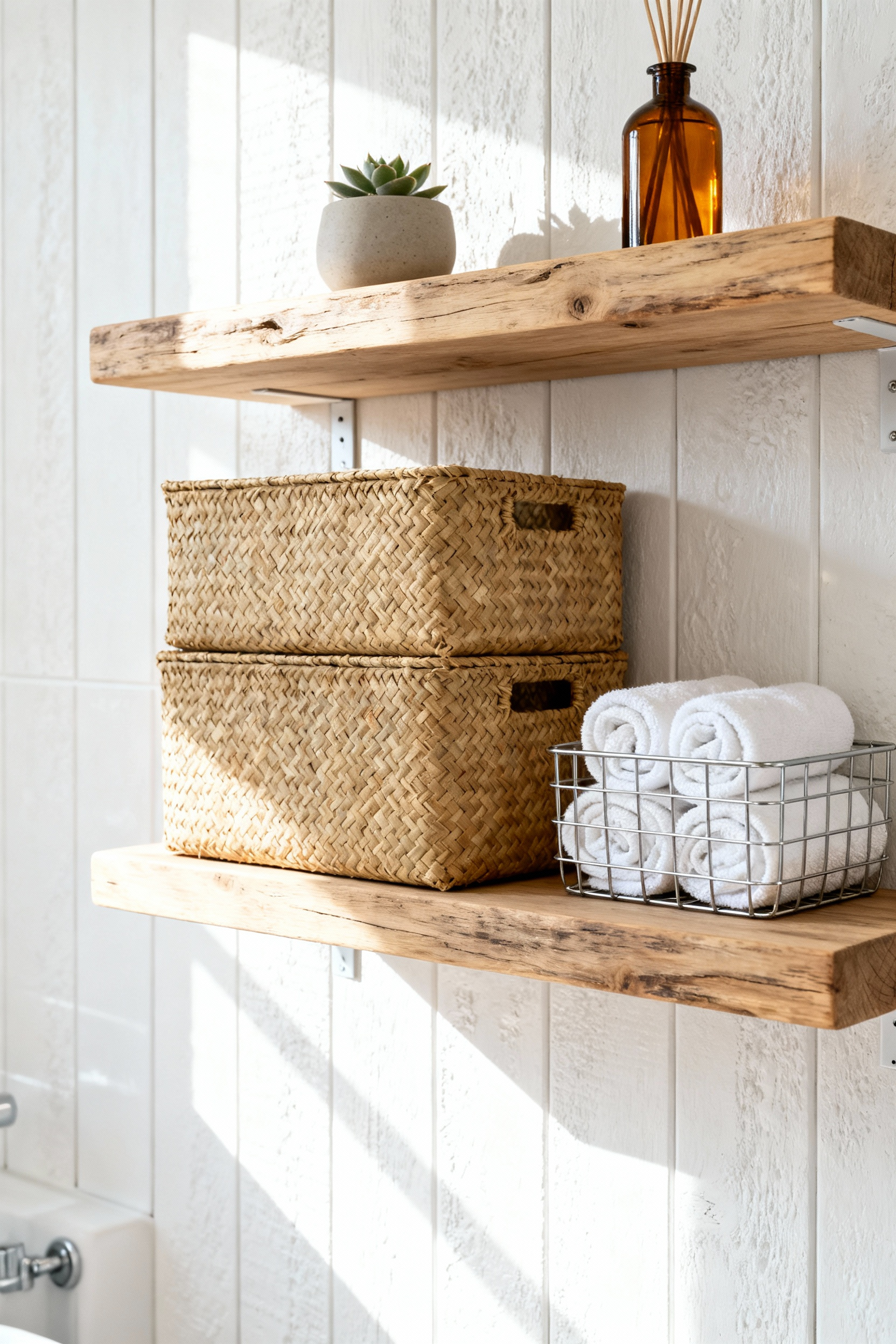 Two rustic floating shelves in a modern bright bathroom demonstrating effective organization using woven storage baskets and minimalist spa-like decorative accents.