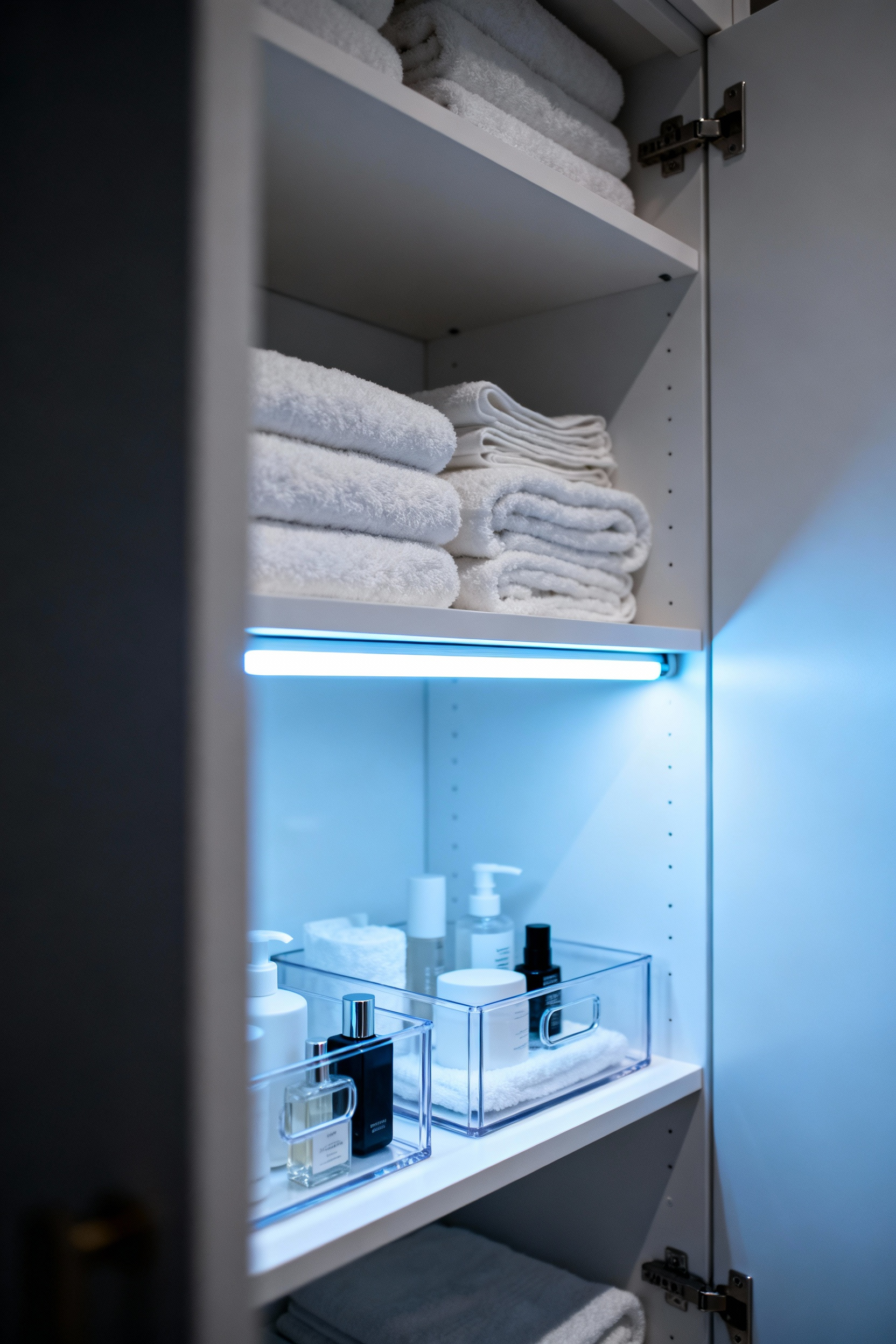 A deep, open bathroom linen cabinet where motion-sensor LED strip lighting sharply illuminates organized white towels and toiletries, eliminating the dark, cluttered corners.