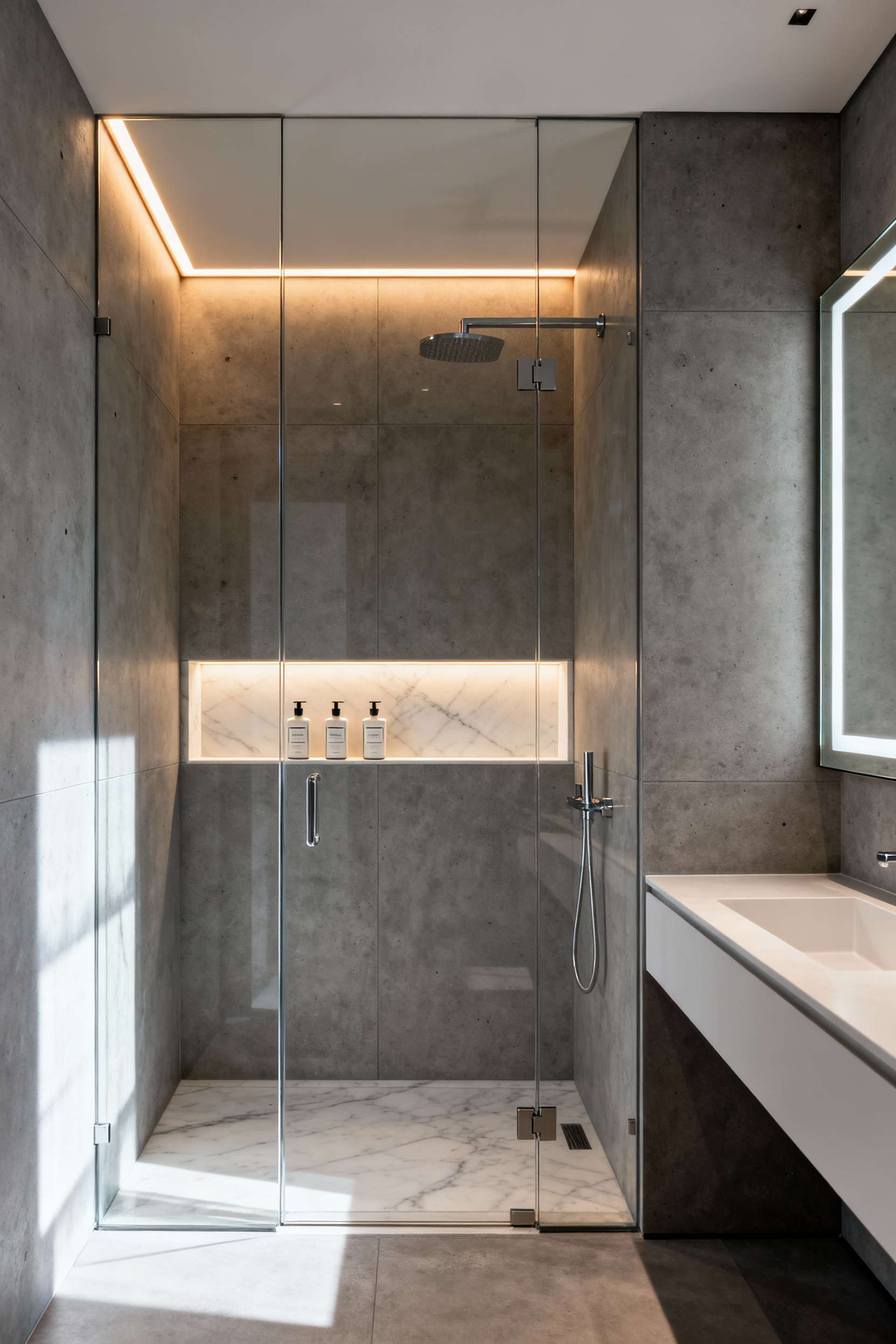 Architectural image of a modern, organized luxury bathroom showcasing a large, horizontally recessed shower niche with integrated lighting and a flush, frameless recessed medicine cabinet.