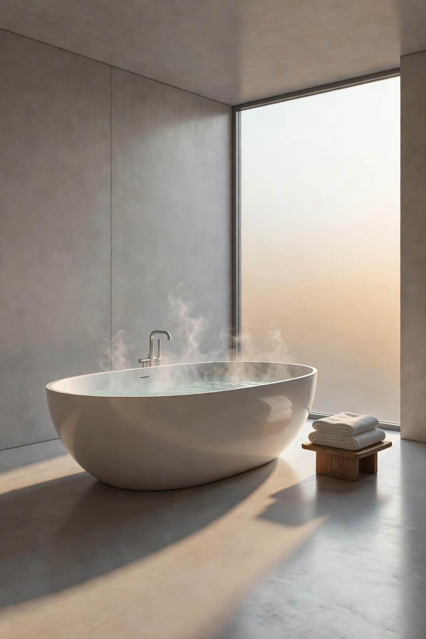 A modern, steamy bathroom featuring a freestanding white acrylic soaking tub set against polished concrete floors, visually representing the thermal comfort achieved through insulating bathtub materials.