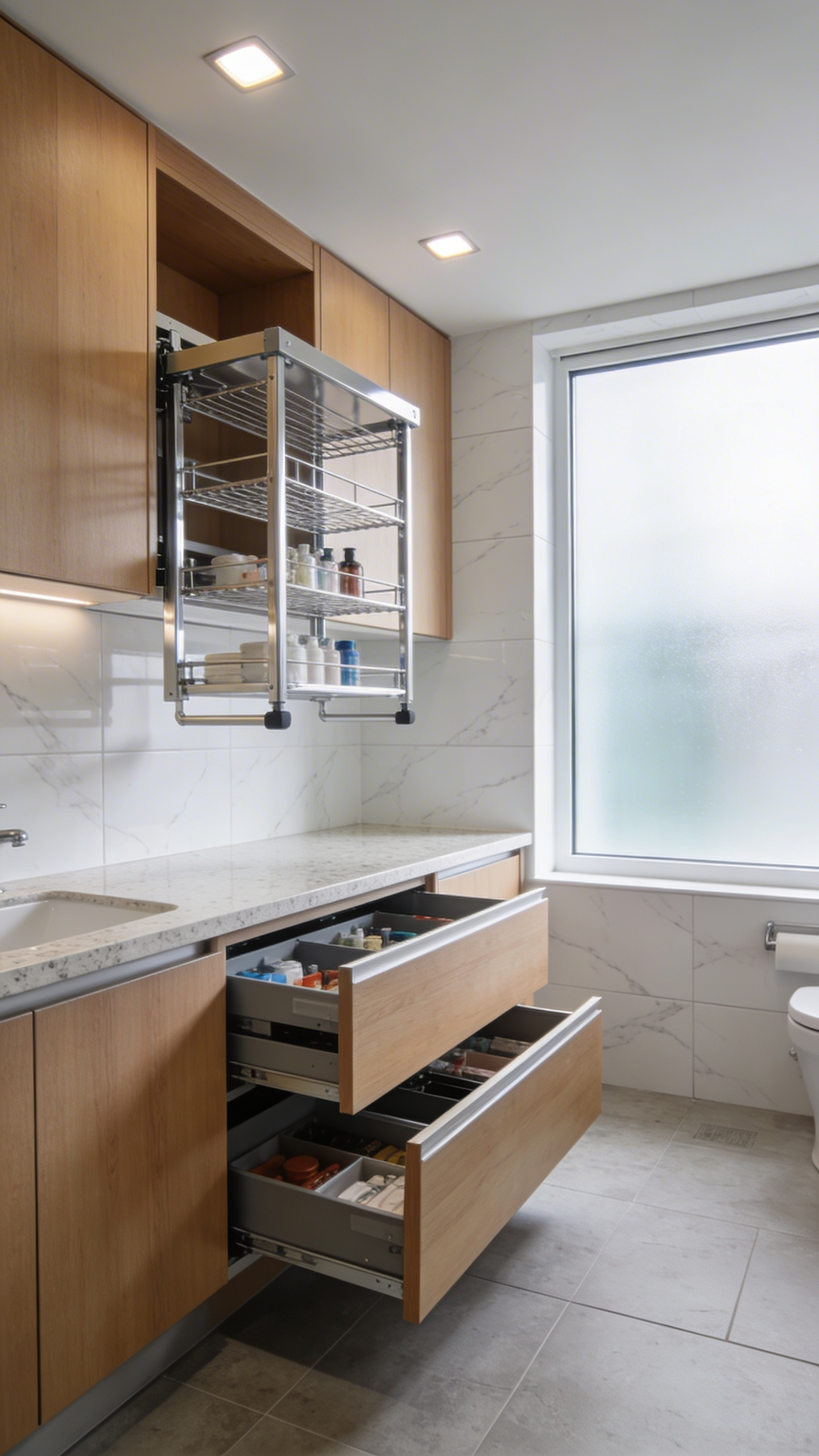 A modern universal design bathroom featuring accessible pull-down shelving and deep storage drawers in light wood cabinetry.