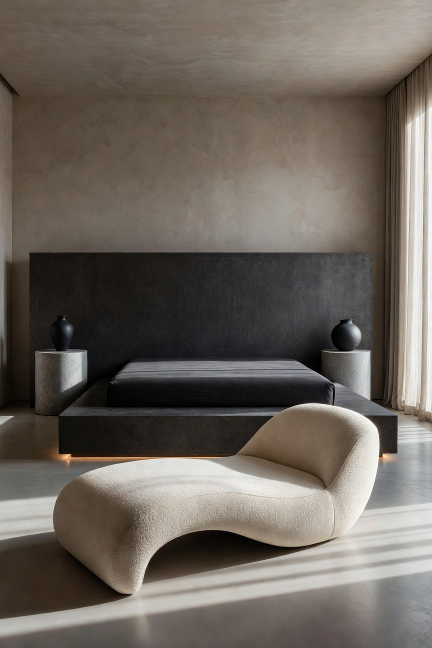 A modern, high-design bedroom interior where minimalist furniture is treated as sculptural art, featuring a monumental platform bed, asymmetrical concrete nightstands, and dramatic, high-contrast lighting emphasizing form.