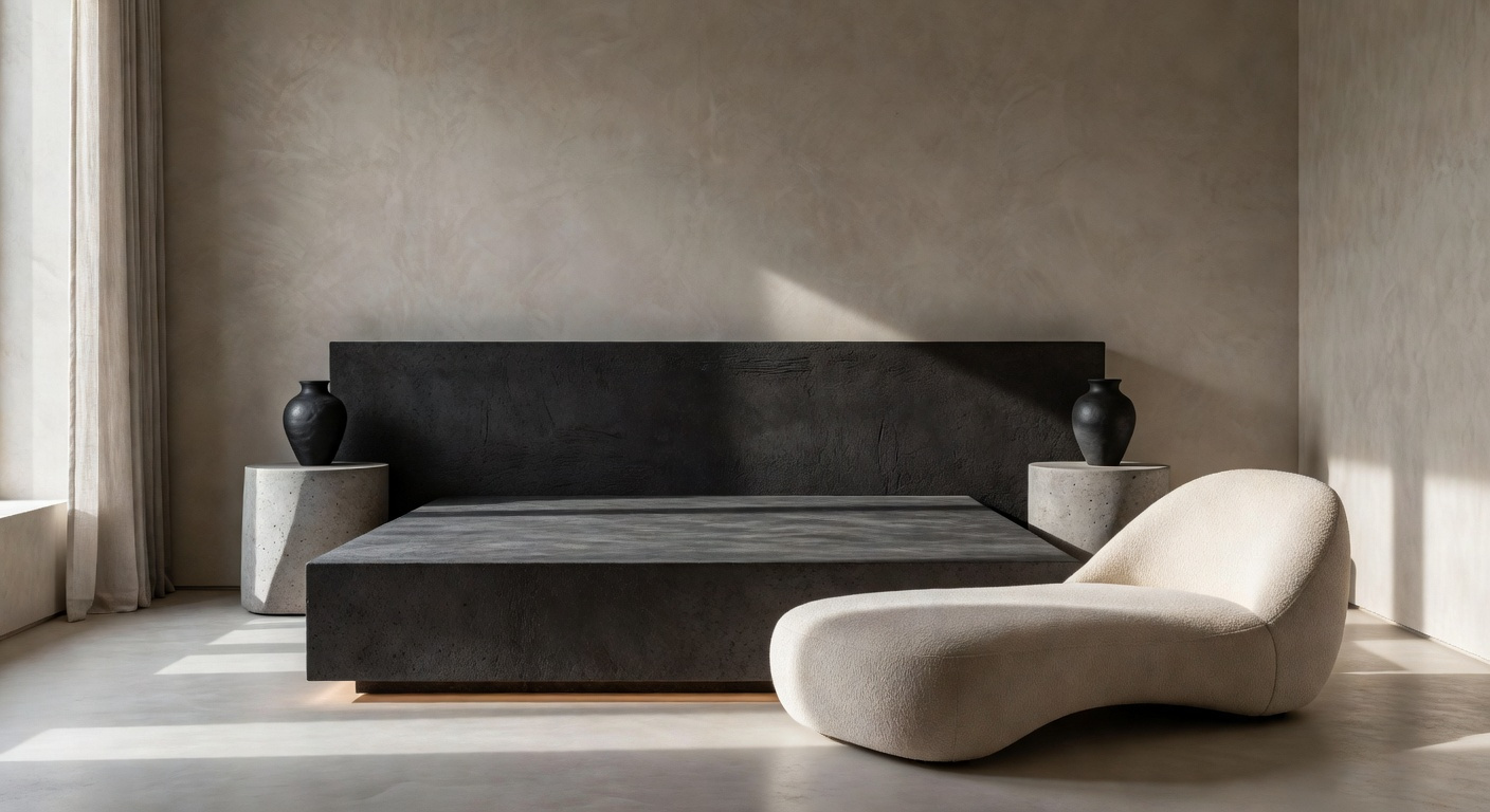 A modern, high-design bedroom interior where minimalist furniture is treated as sculptural art, featuring a monumental platform bed, asymmetrical concrete nightstands, and dramatic, high-contrast lighting emphasizing form.